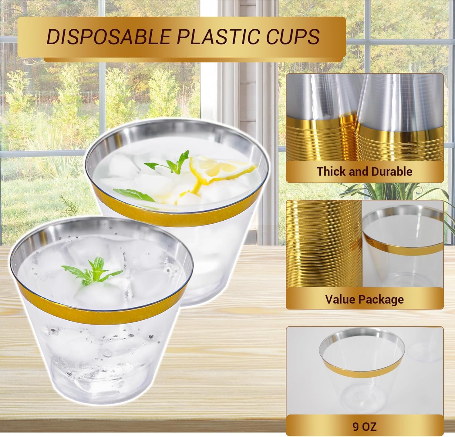 LFGUD 100 vasos de plástico dorados, vasos de plástico desechables de 9 onzas para fiestas, vasos desechables de plástico duro con borde dorado para