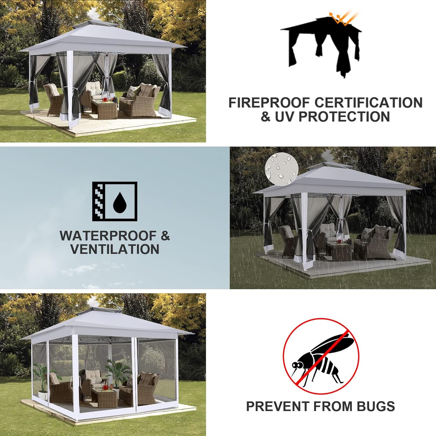 COBIZI Gazebo de 12 x 12 pies para exteriores, con mosquitera, toldo para patio trasero, con parte superior ventilada de 2 niveles, 3 alturas