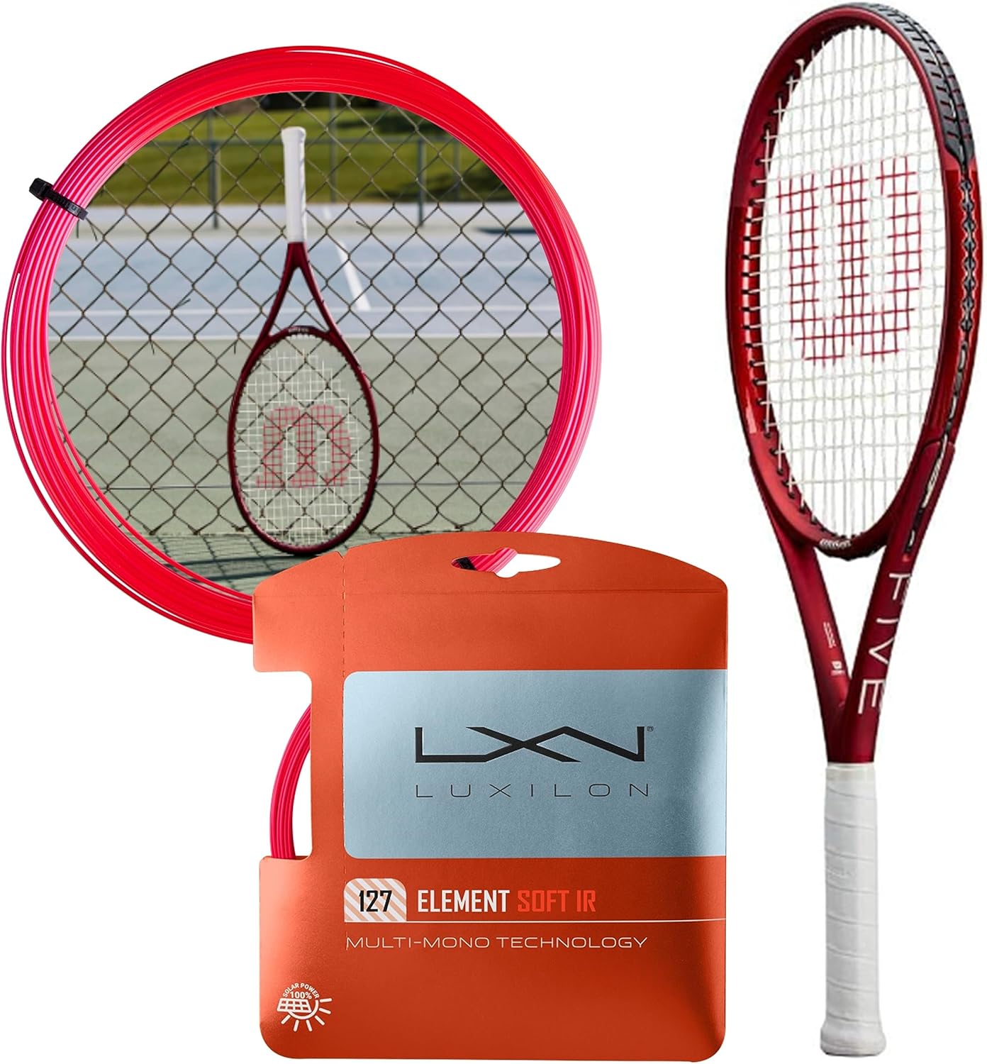 Wilson Triad Five – Raqueta de tenis encordada con hilo rojo Luxilon Element Soft IR 127, combo que cambia el juego en un marco amigable con los