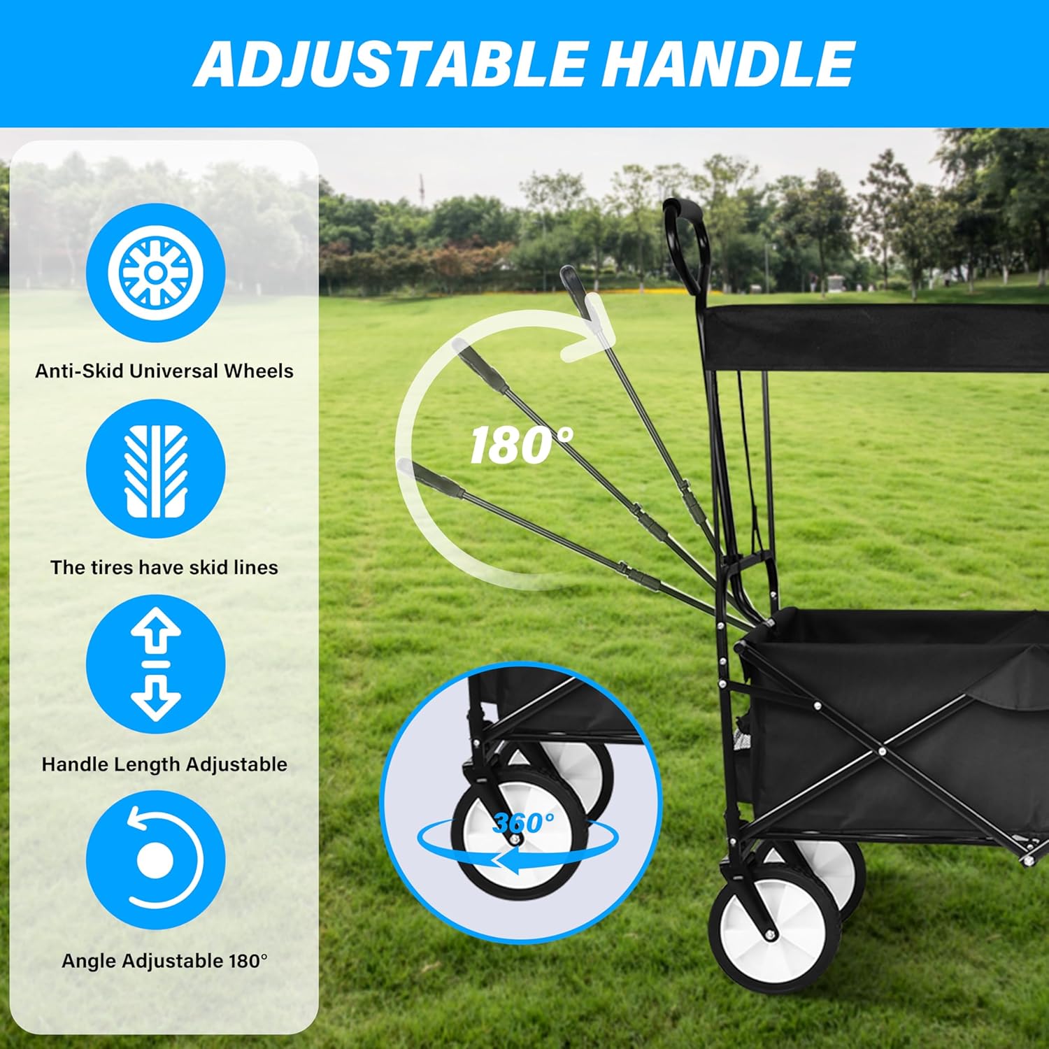 YSSOA Carrito de mano portátil plegable resistente con toldo extraíble, ruedas de 8 pulgadas, asas ajustables y doble tela para compras, picnic,