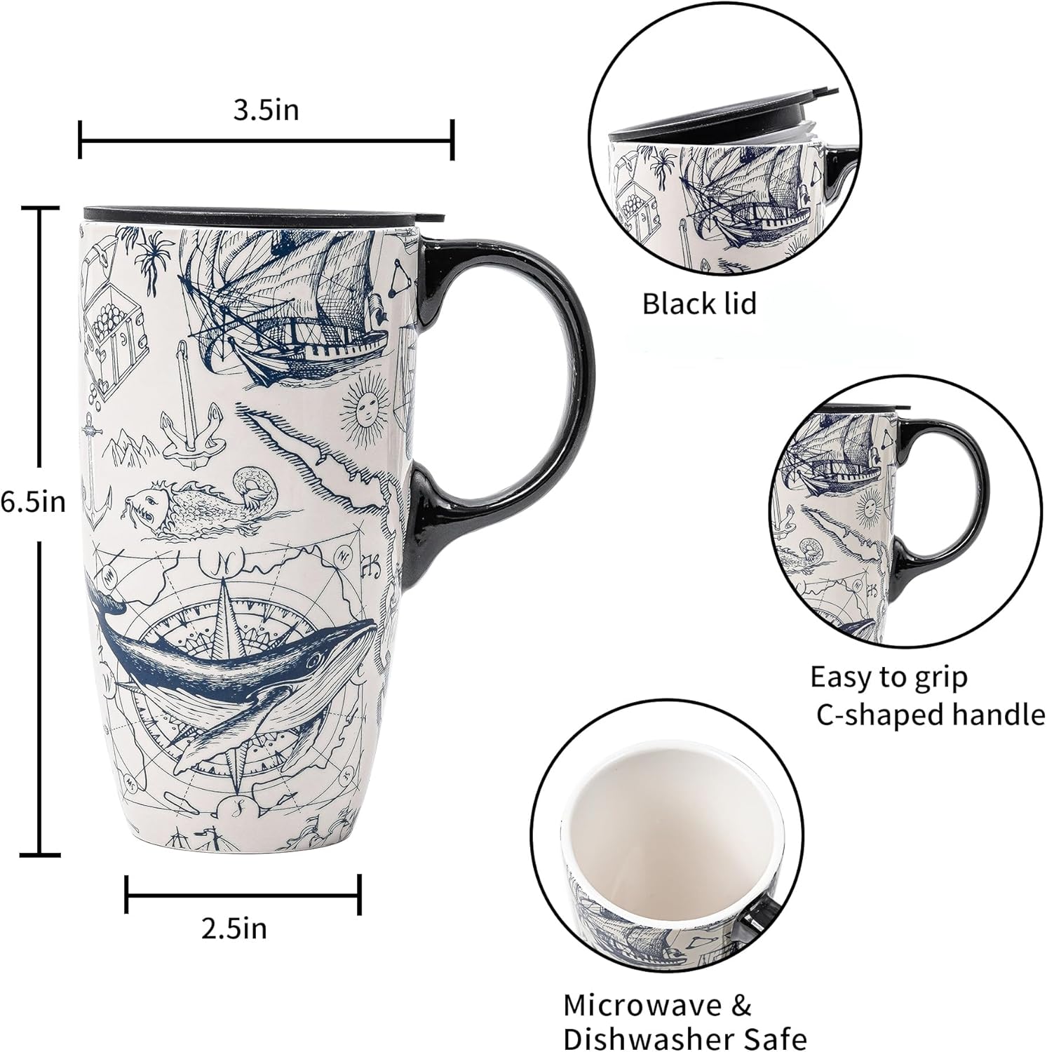 Topadorn Taza de café de cerámica para regalo con tapa de 17 onzas, taza de té alta de porcelana con asa para el hogar y la oficina, taza con patrón