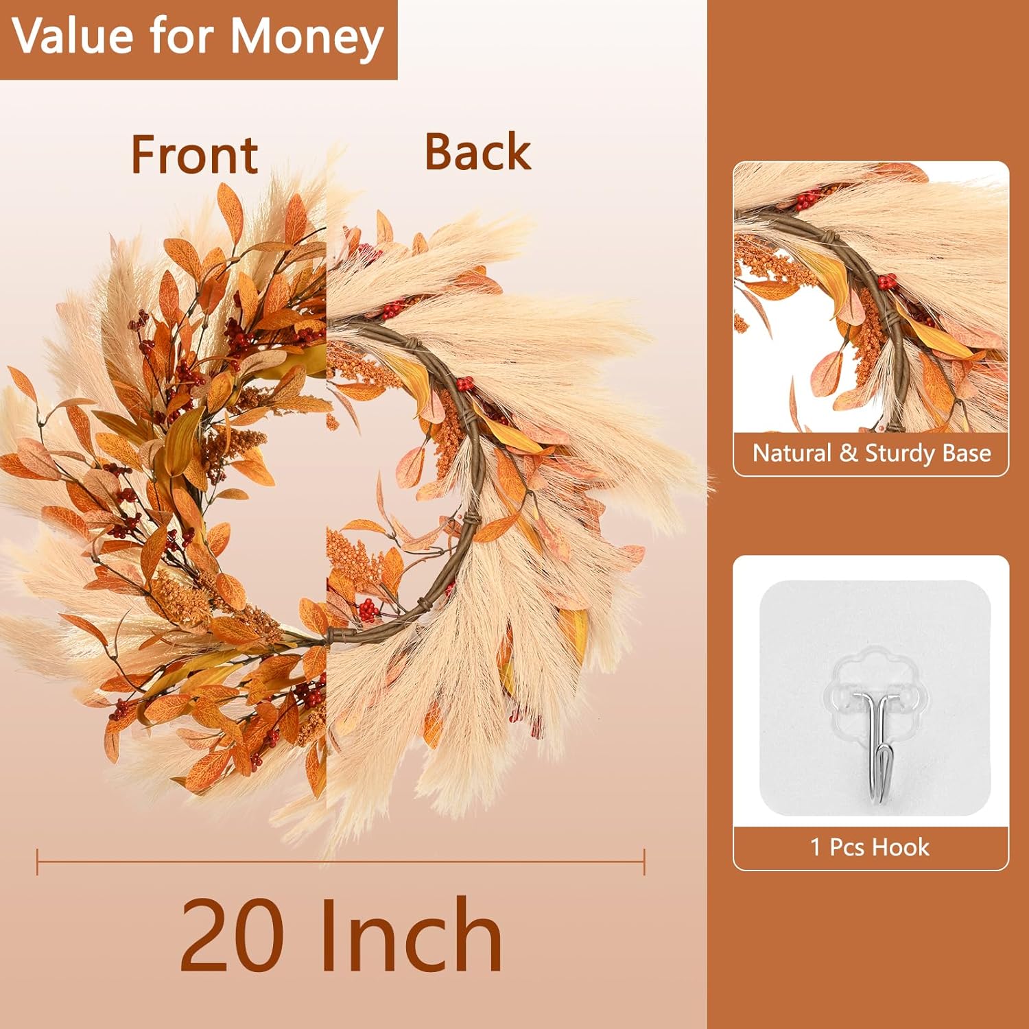 Corona de otoño para puerta delantera, corona de otoño de 20 pulgadas, corona de puerta delantera de otoño con ganchos para decoración de porche