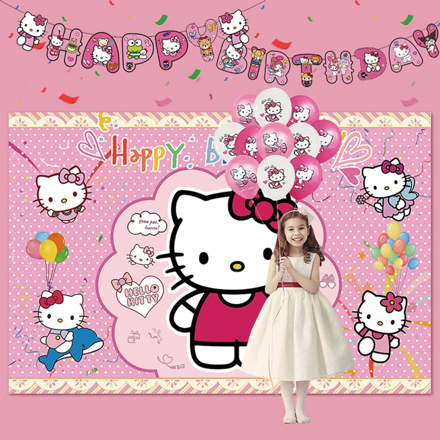 Suministros para fiesta de cumpleaños de gatitos, decoraciones de fiesta de color rosa con texto en inglés Happy Birthday, globos, telón de fondo,