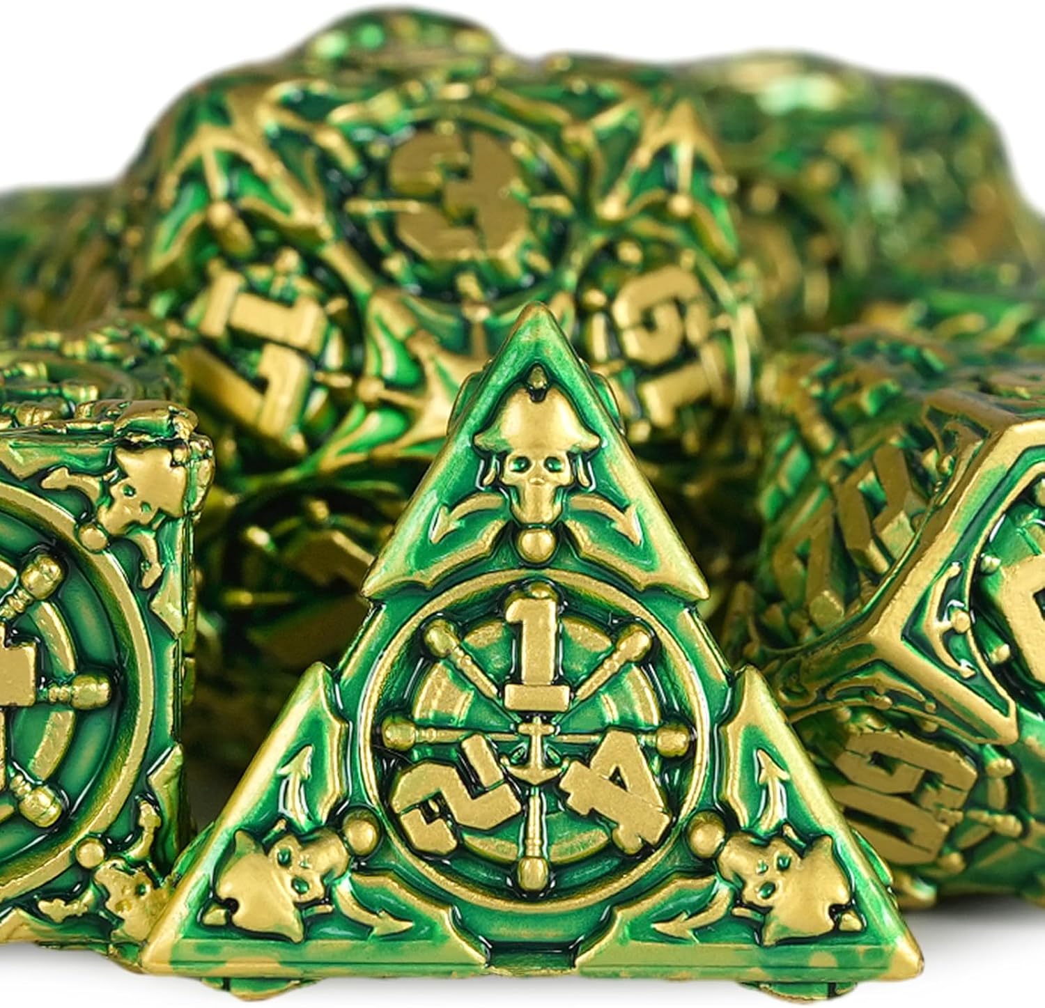 GU BEI TE Metal DND Dice Set with Box, Colorful DND Pirate Dice 7-Piece for RPG D&D Dungeons and Dragons GiftsGold Green