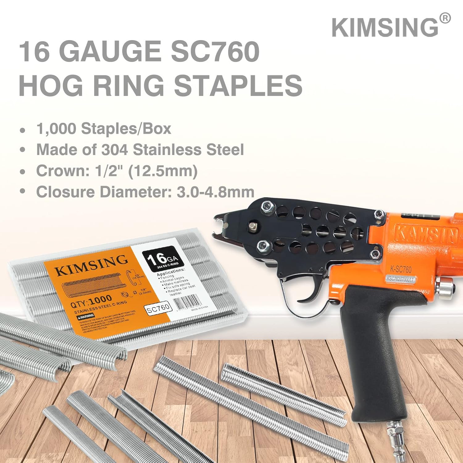 KIMSING SC760 – Juego de grapas de anillo en C de acero inoxidable con corona de 58 pulgadas, anillos en C, grapas de cerdo de alambre, sujetadores