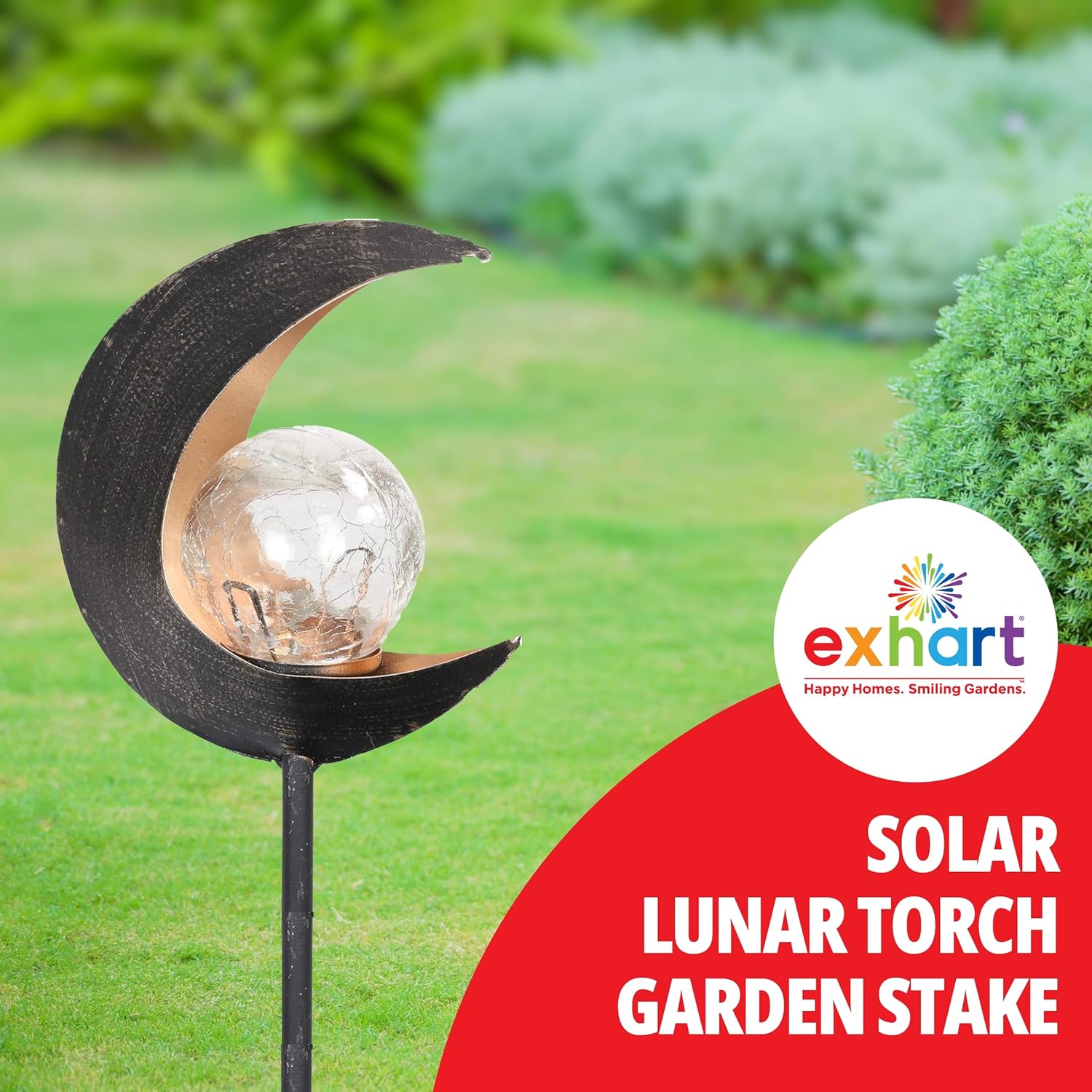 Exhart Luces solares de jardín, luna creciente con llama parpadeante, bola de cristal LED, decoración de metal para exteriores, 5 x 2.5 x 37.5
