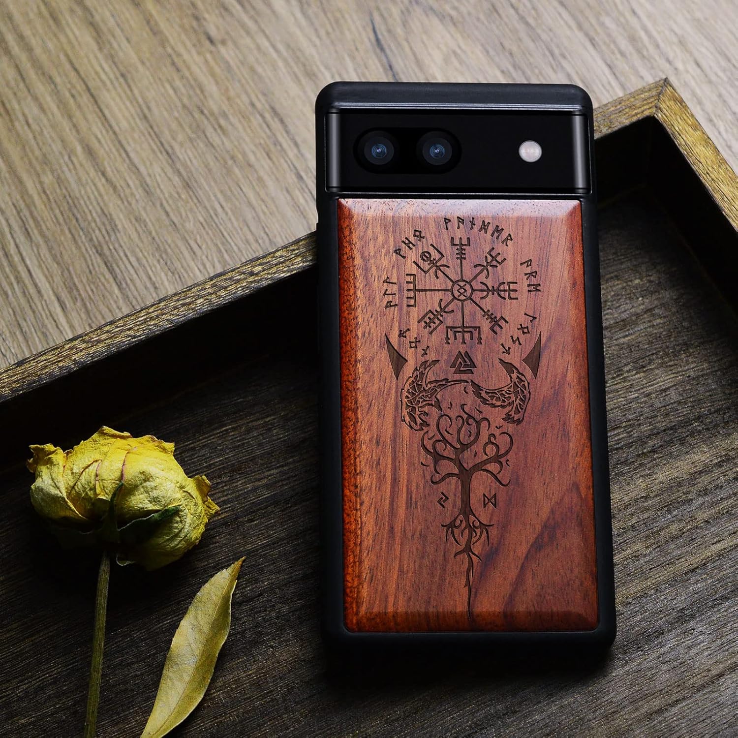 Carveit Funda de madera para Pixel 6a 2022 madera natural y TPU suave negro a prueba de golpes, funda de madera única y elegante compatible con