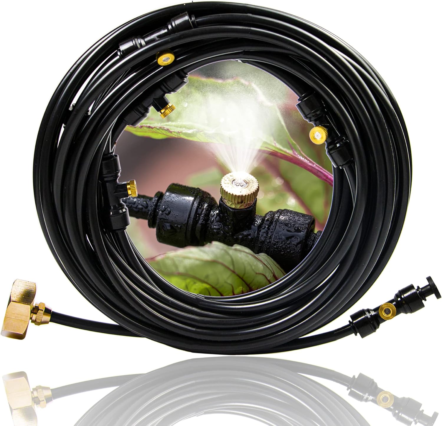 Misting Cooling System (Newly Designed Atomizing Line) 50FT15m Atomization Line+ 14 Brass Spray Nozzles + One Brass Adapter (34 Inch) Patio Spray