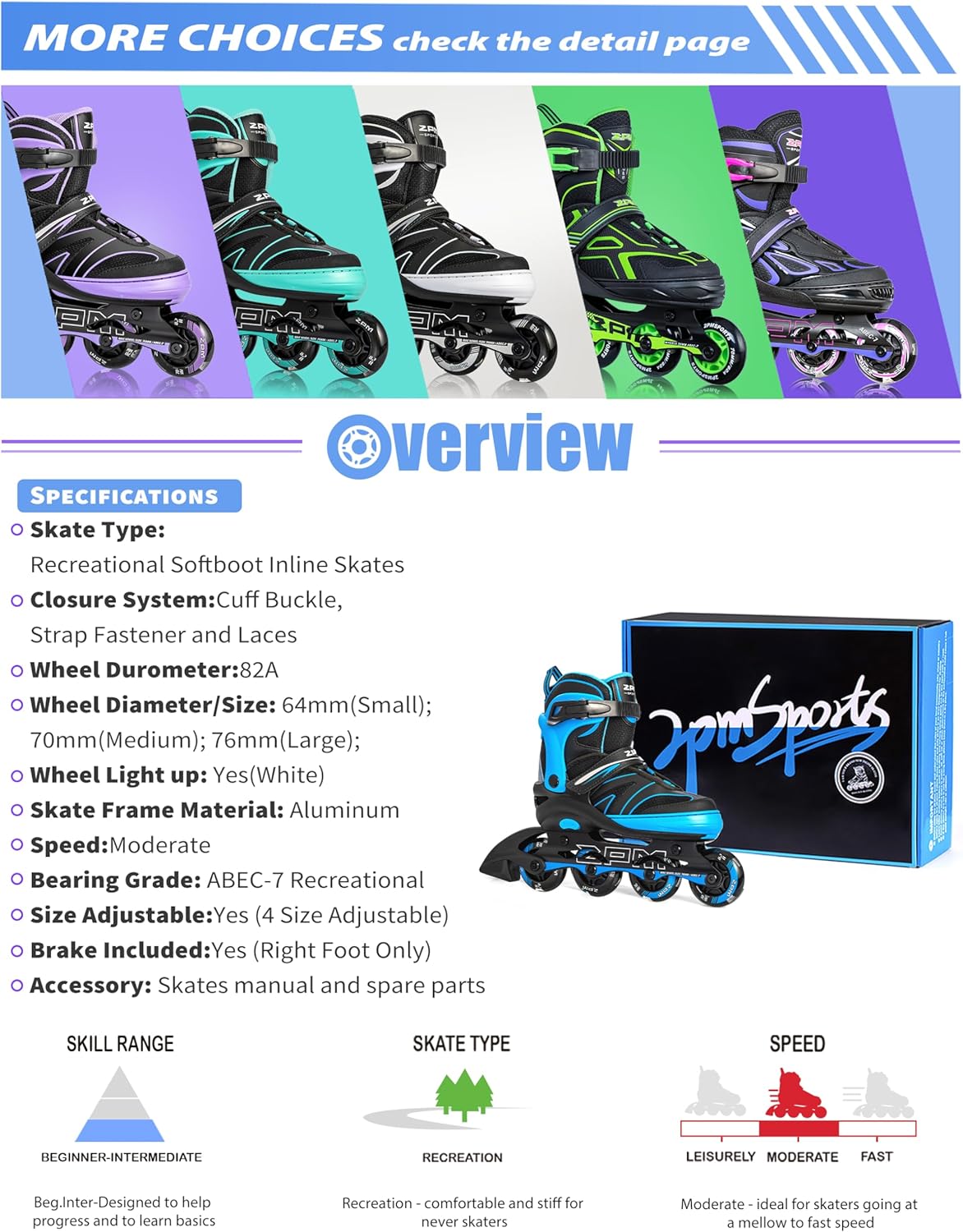 2PM SPORTS Patines en línea ajustables para niños de 4 a 12 años, patines Inlie para niñas y niños de 5 a 8 a 12 años con ruedas de luz completa,