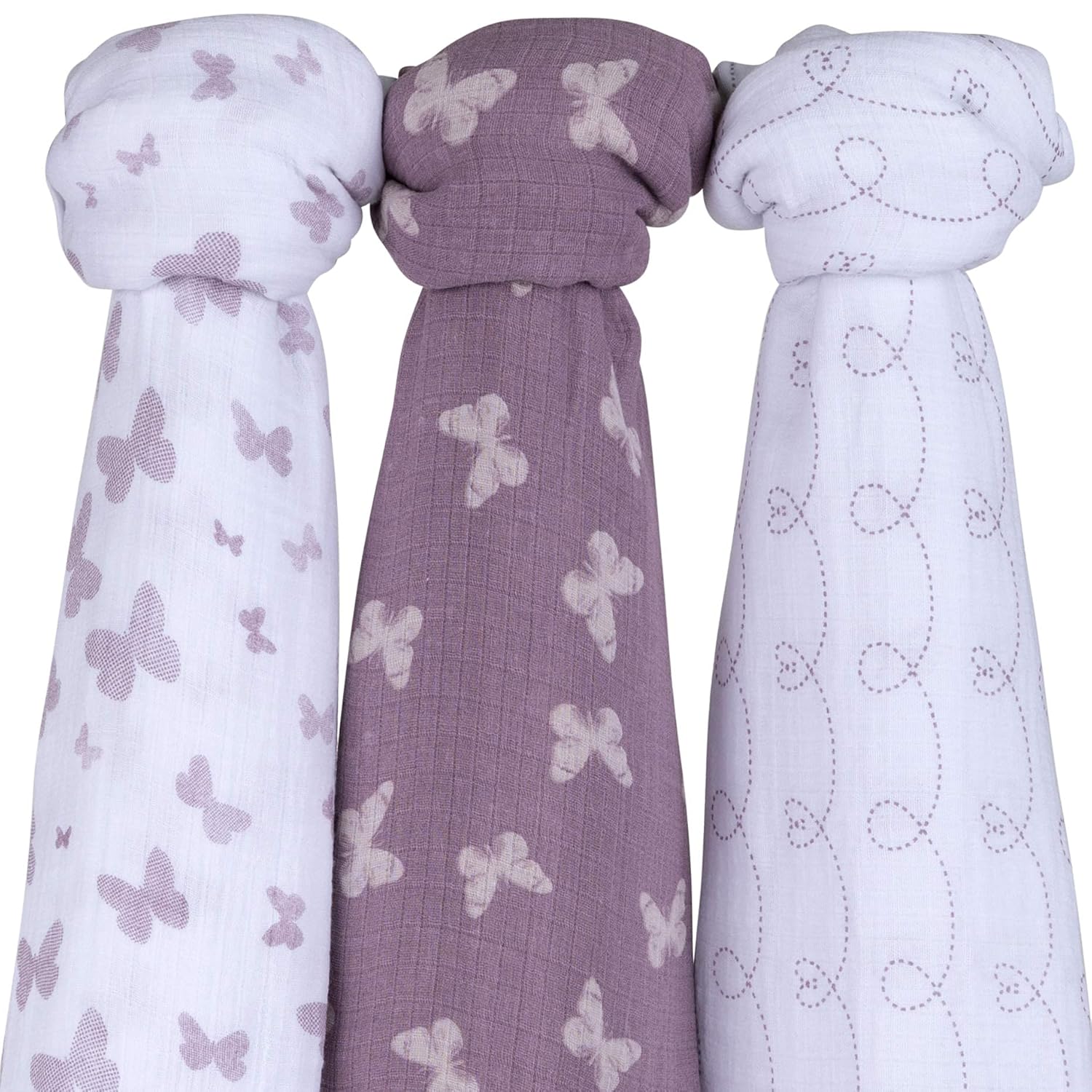 Ely’s & Co. Manta de muselina para envolver 100% algodón de muselina suave, paquete de 3 unidades de 47 x 47 pulgadas (mariposa lavanda)