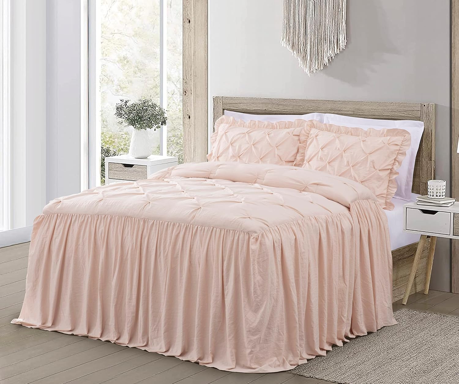 Chezmoi Collection Aria – Juego de colcha plisada de 3 piezas con falda con volantes  French Country Chic Farmhouse  California King, color rubor