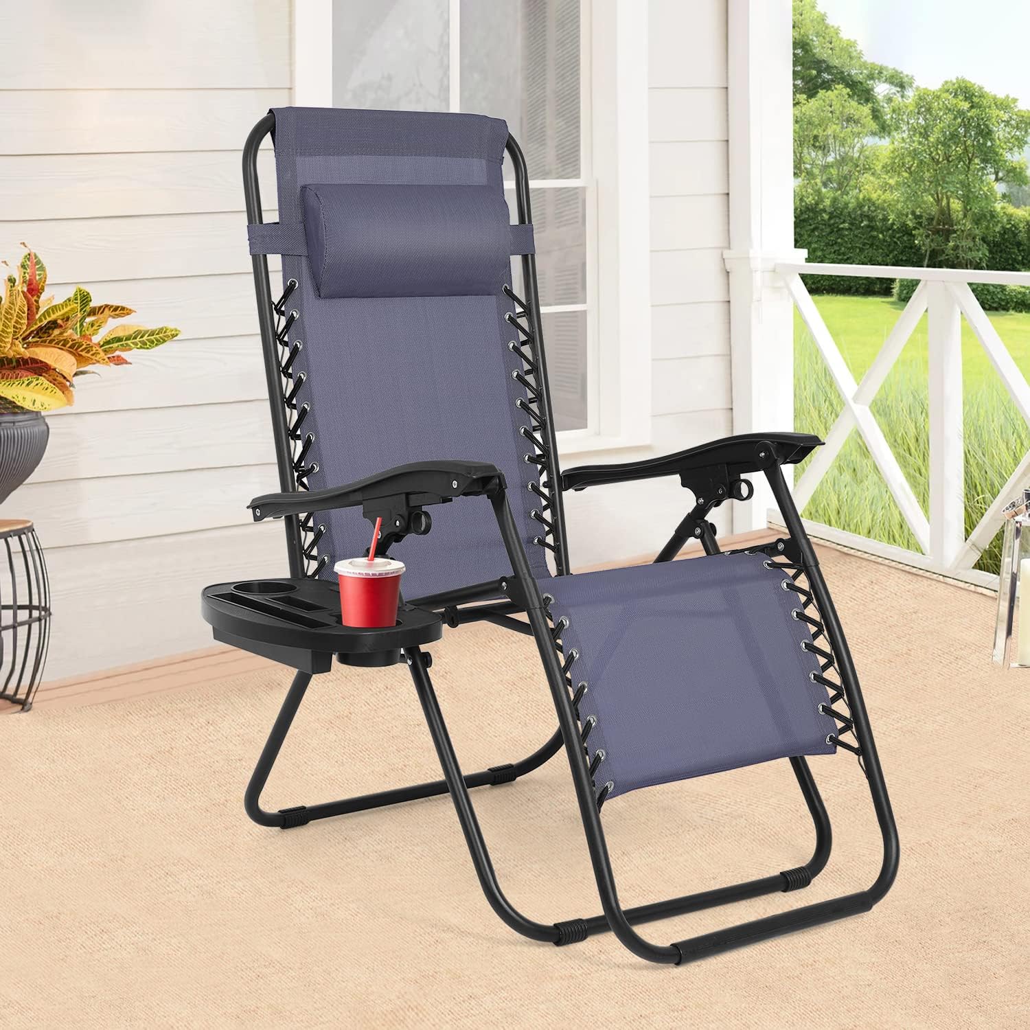 FDW – Silla de gravedad cero para patio, tumbona, 1 paquete de correas ajustables para alberca, con soporte para taza, Azul