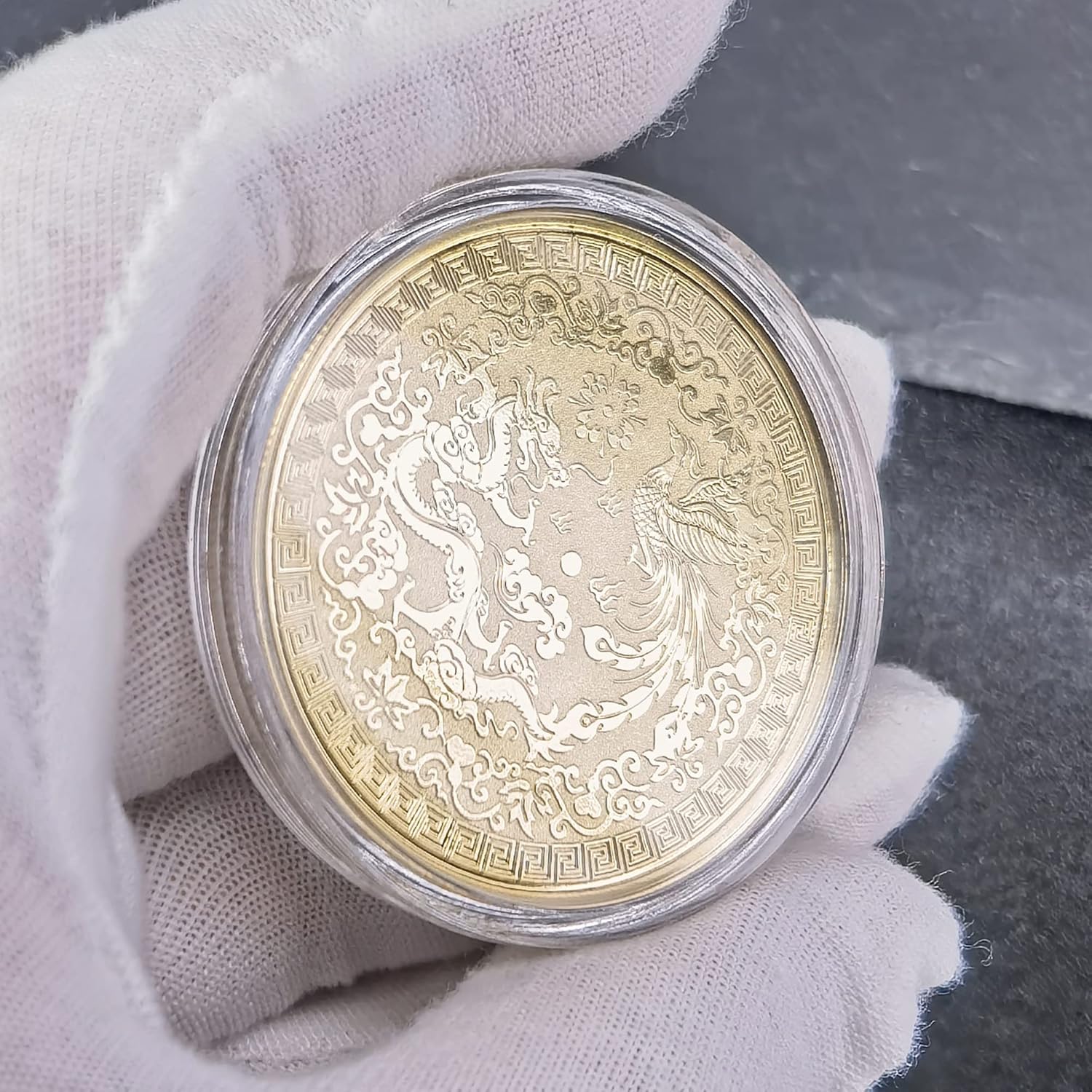 Colorido dragón chino y fénix moneda de la suerte – Rascador de boletos de lotería – Atrae buena fortuna – Moneda de desafío de buena suerte