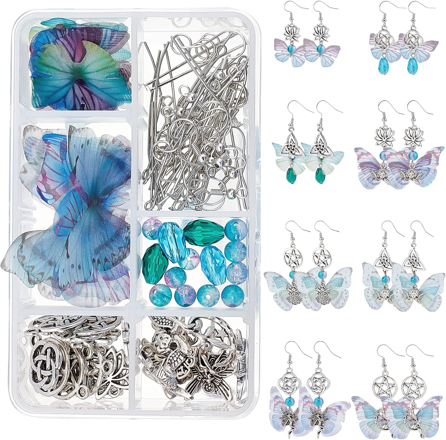 SUNNYCLUE 1 caja DIY 8 pares de aretes de ala de mariposa kits de fabricación de nudos de loto, dijes de resina epoxi de mariposa y cuentas de
