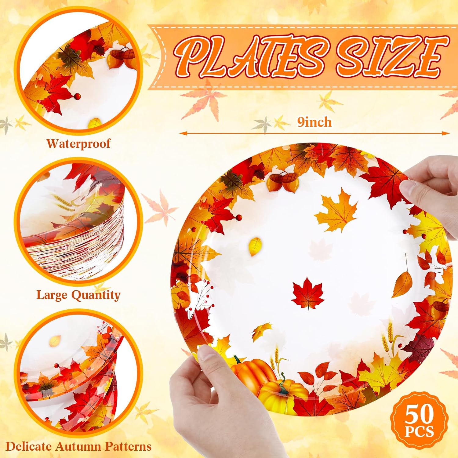 50 platos de papel de otoño de 9 pulgadas, platos de calabaza de Acción de Gracias, hojas de otoño, platos desechables para suministros de fiesta de