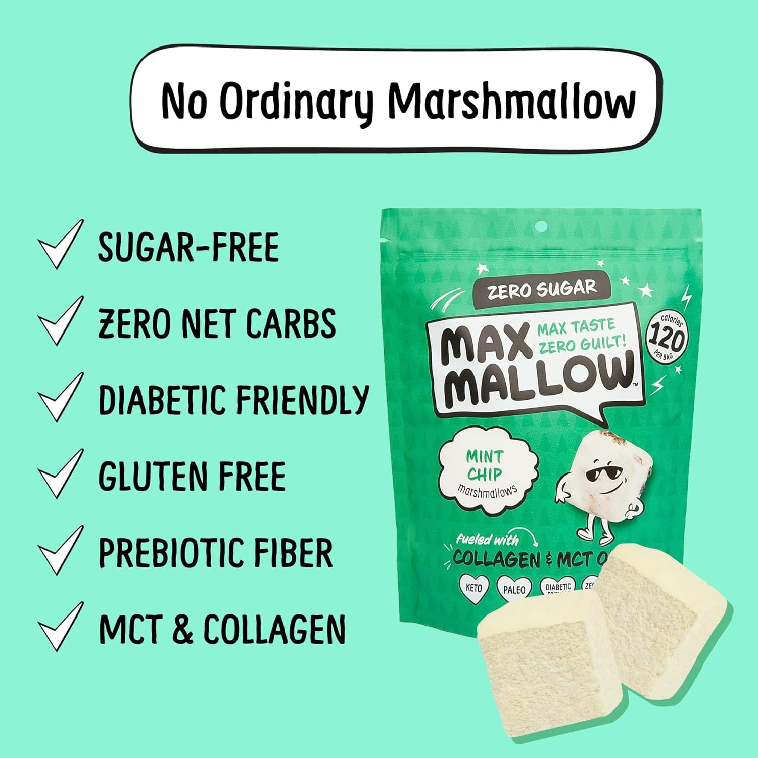 Know Brainer Max Mallow Mint Chip – Malvaviscos sin culpa y sin azúcar – Bajo en carbohidratos, cero grasas, sin gluten y cetogénico – Malvavisco