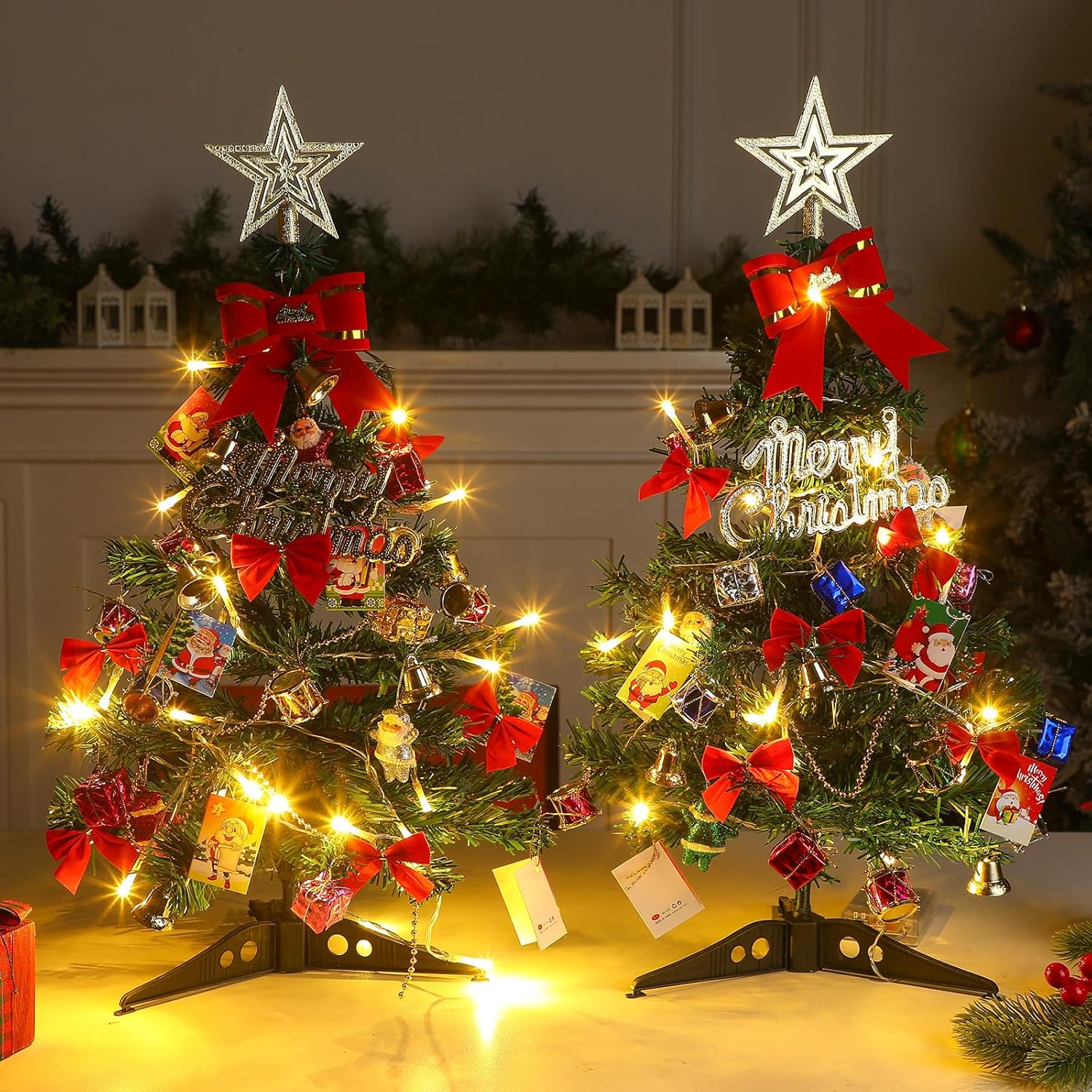 Hiboom 2 piezas de mini árbol de Navidad de 24 pulgadas con luces LED, estrella preiluminada de mesa, árbol de Navidad, cajas de regalo, adornos