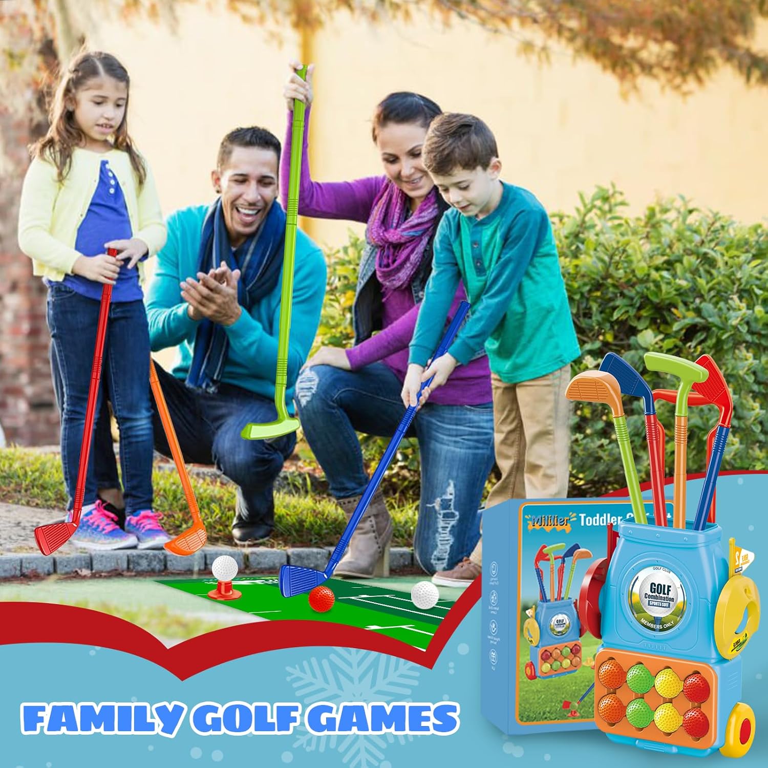 Mililier Juego de golf para niños pequeños, juego de golf para niños con 10 pelotas de golf, 1 tapete de putt, 4 palos de golf para niños pequeños y