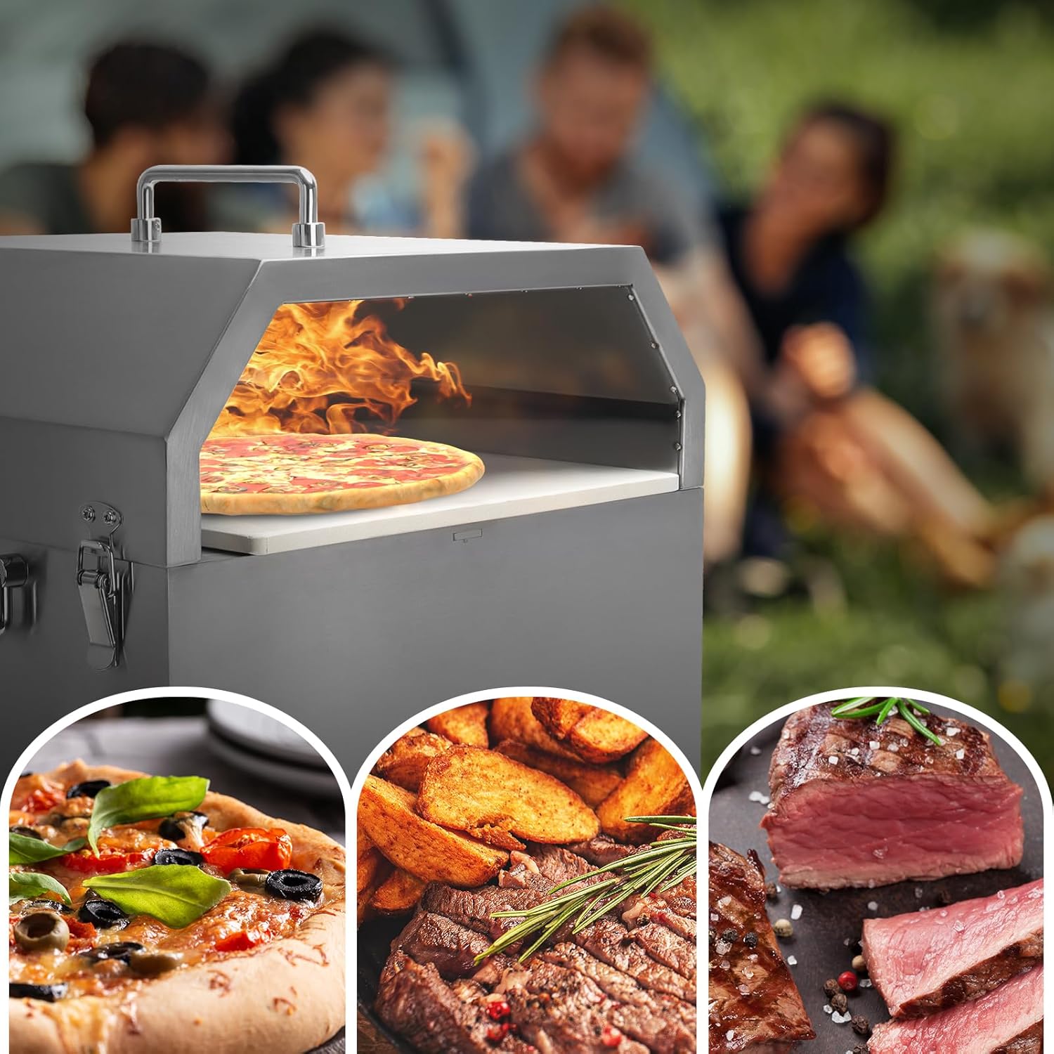 SafBbcue Horno de pizza 4 en 1 para exteriores, 2 capas desmontables exteriores de acero inoxidable más grueso, hornos de madera con piedra para