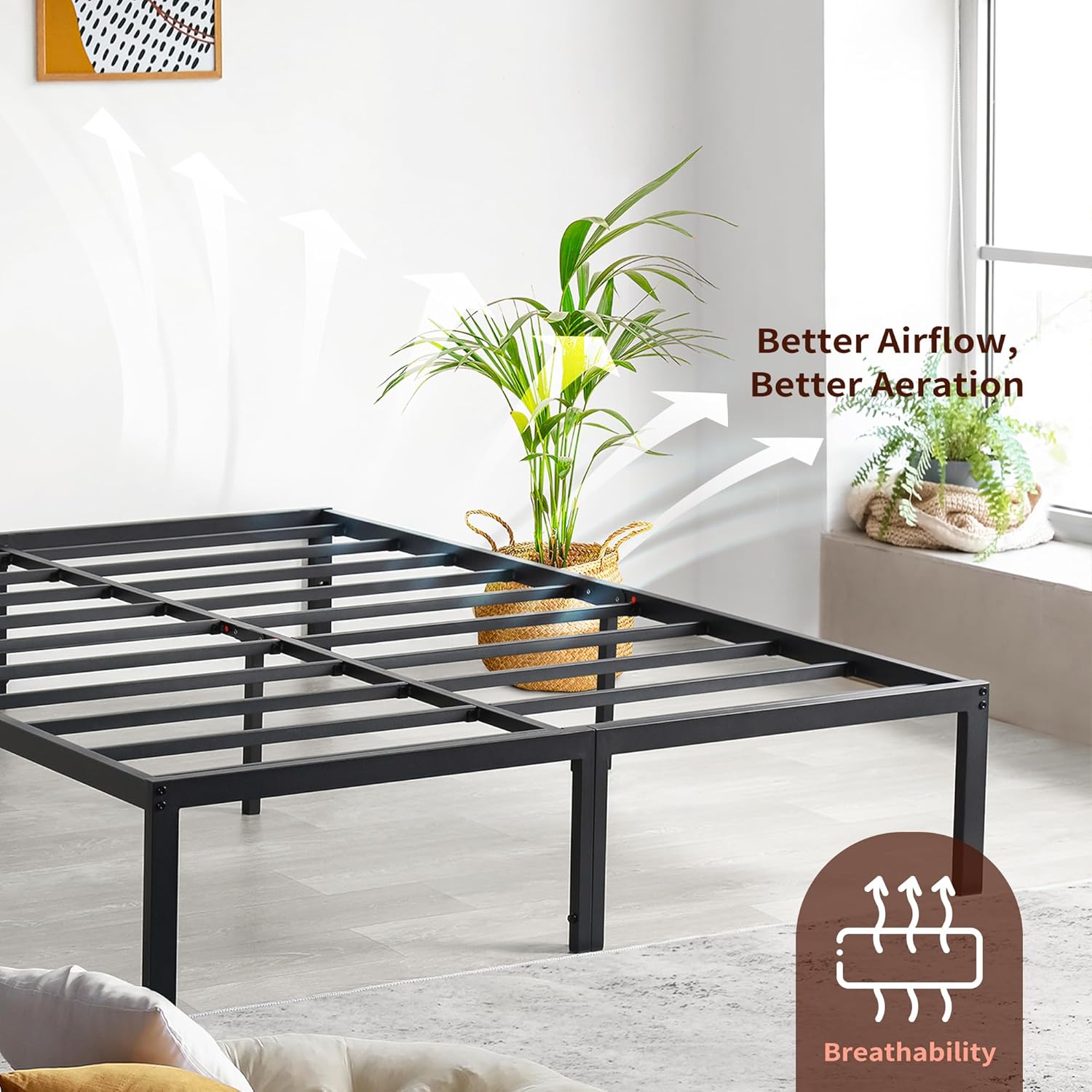 PrimaSleep Marco de cama de metal resistente de 14 pulgadas, antideslizante, cómodo marco de cama, sin ruido, fácil de montar, negro, tamaño King