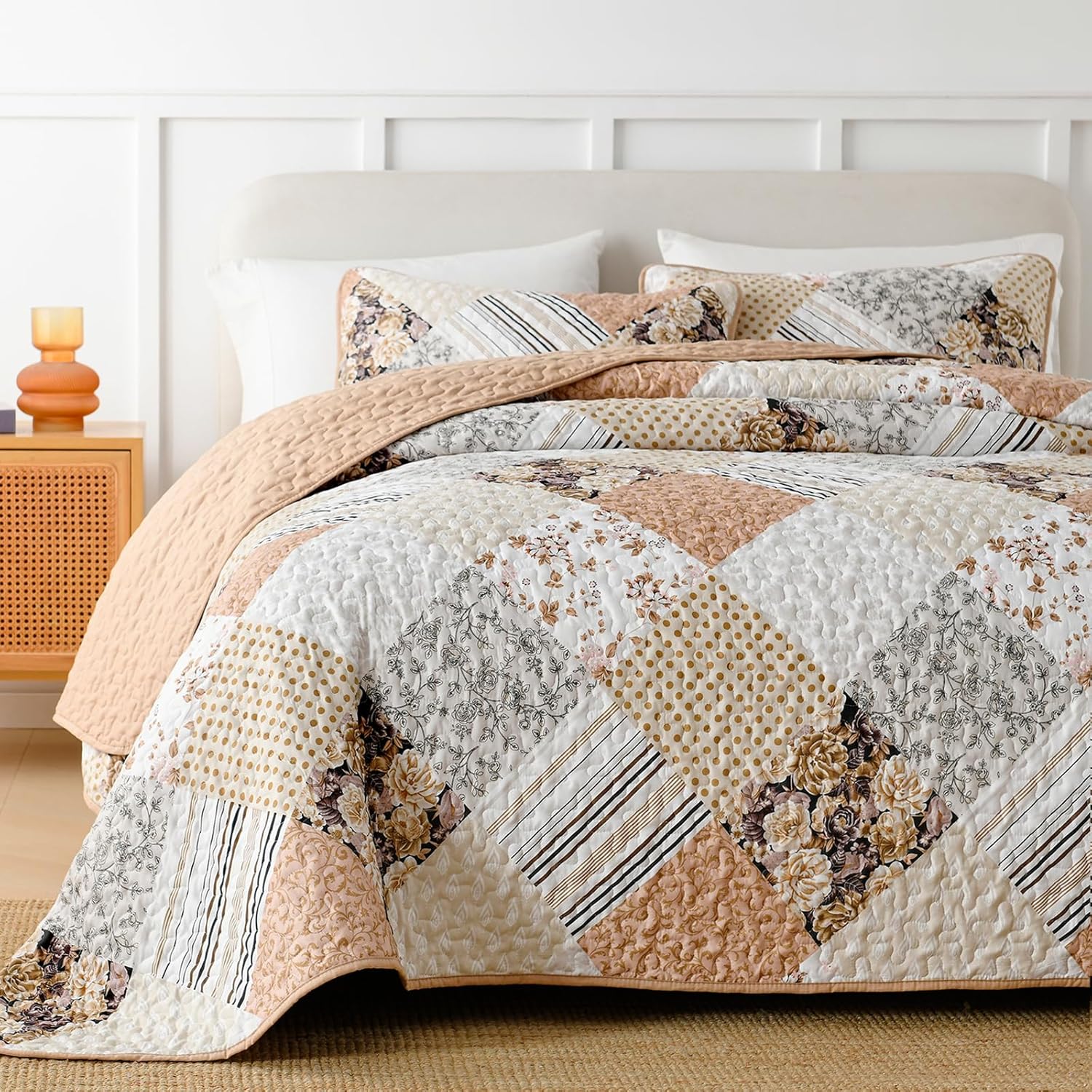 Juego de edredón de 3 piezas, tamaño Queen, color rosa, floral, a cuadros, reversible, juego de ropa de cama de microfibra suave y ligera para todas