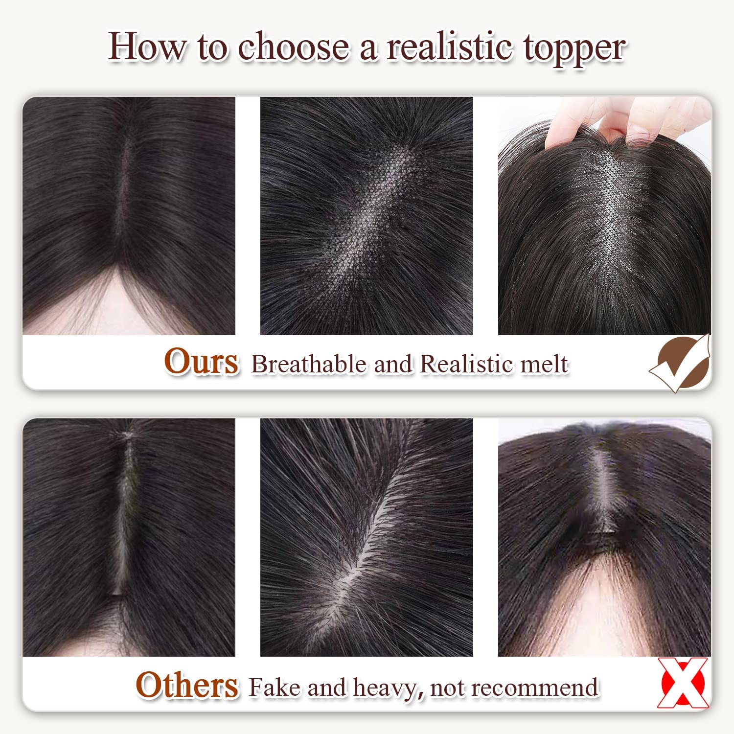 UDU Toppers para el cabello para mujer, adornos de cabello humano real para mujeres con cabello fino, adornos marrones, pasteles de pelo con