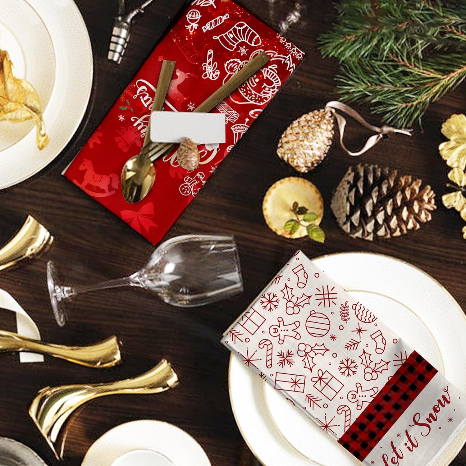 Juego de 2 toallas de cocina de Navidad, diseño de muñeco de nieve con texto en inglés Let it Snow a cuadros, juego de 2 paños para la inauguración
