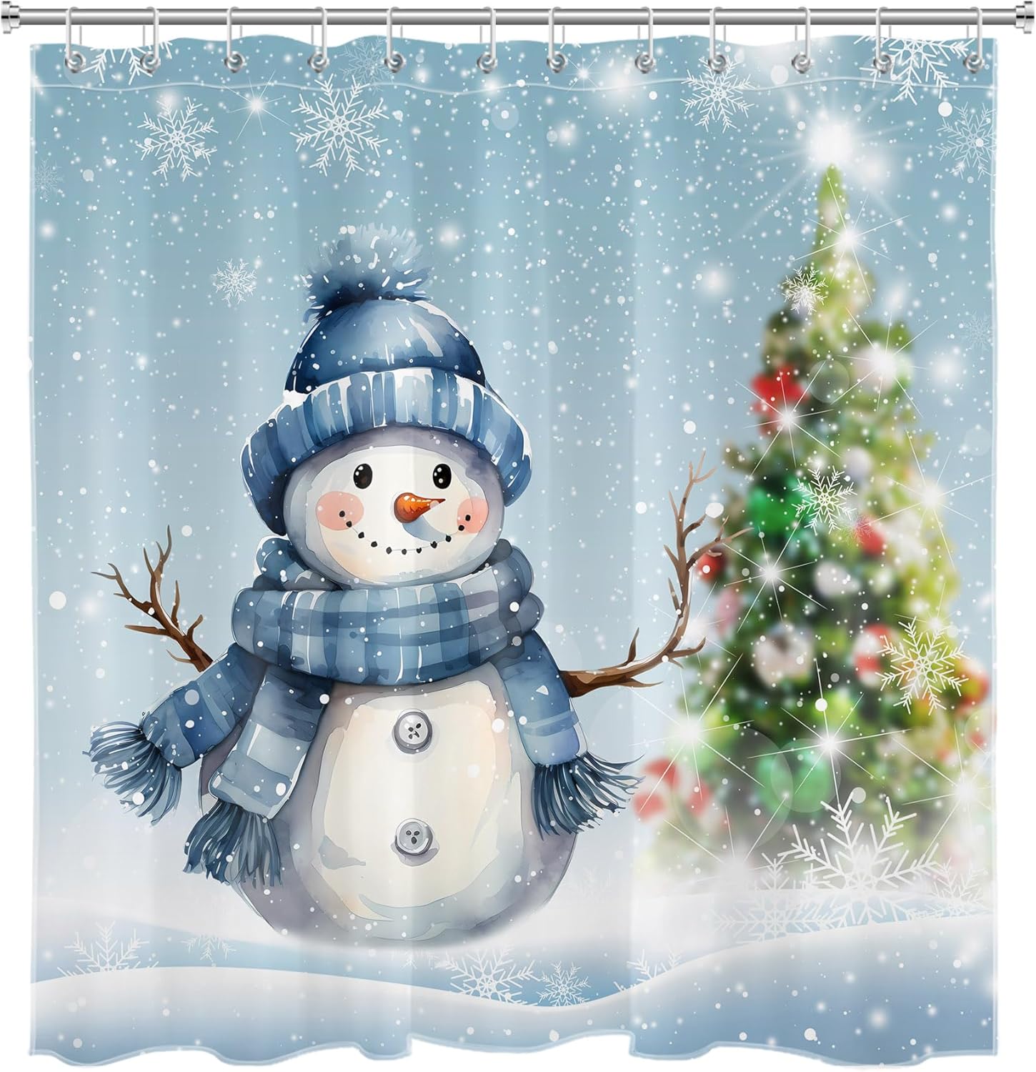 LB Blue Christmas Snowman Shower Curtain for Bathroom, Christmas Tree and Snowflake in Winter Snow Scene Fabric Shower Curtain with Hooks, New Year