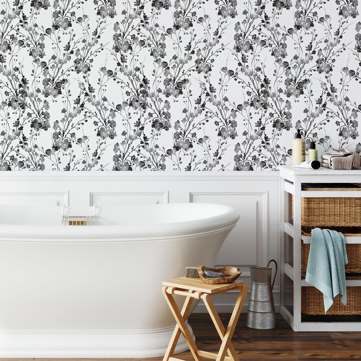 VEELIKE Chinoiserie – Papel tapiz floral en blanco y negro, bohemio, para dormitorio, 17.7 x 354 pulgadas, removible, autoadhesivo, papel de