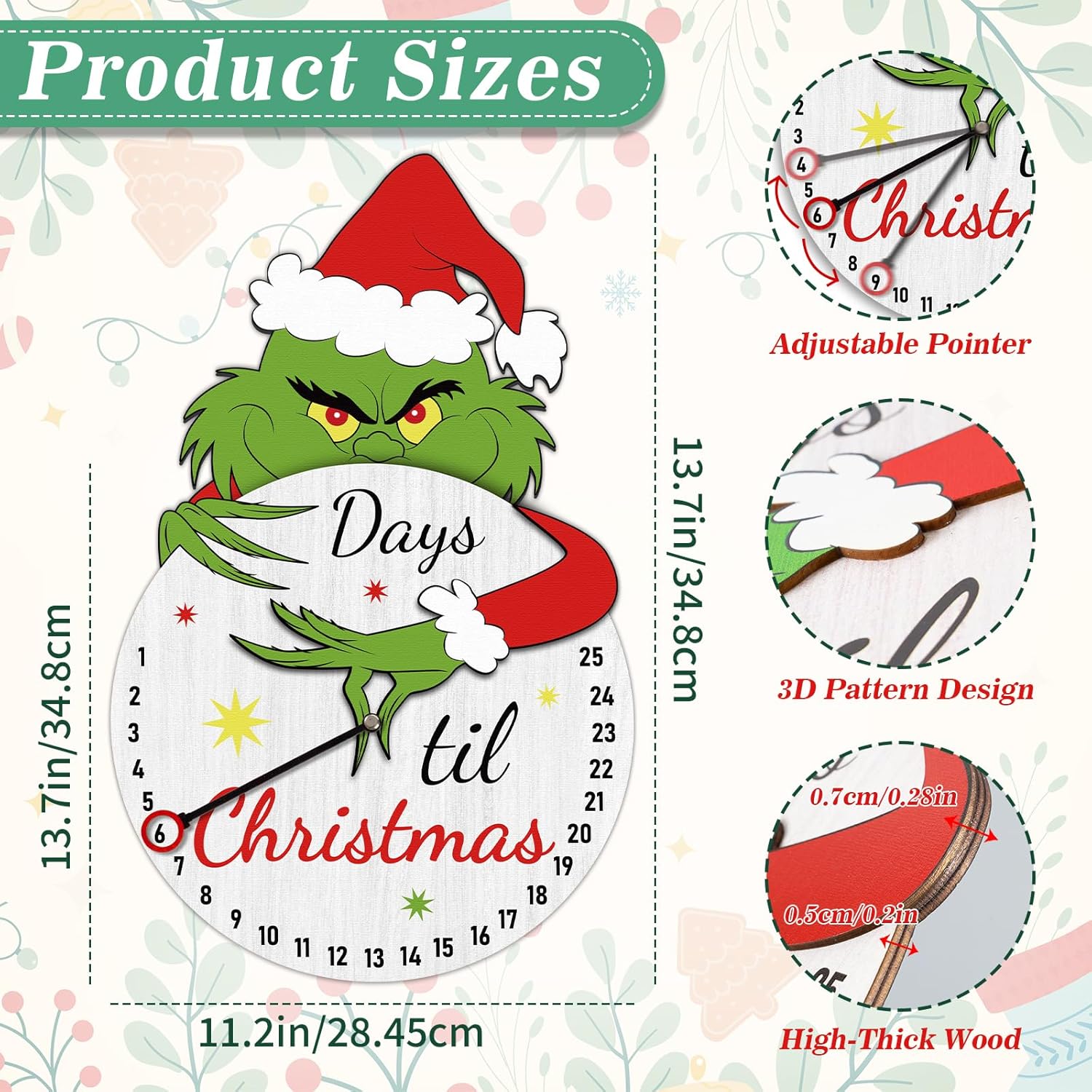 Calendario de cuenta regresiva para decoración navideña, calendario de adviento de Navidad, decoración de mesa de Navidad de madera para Navidad,