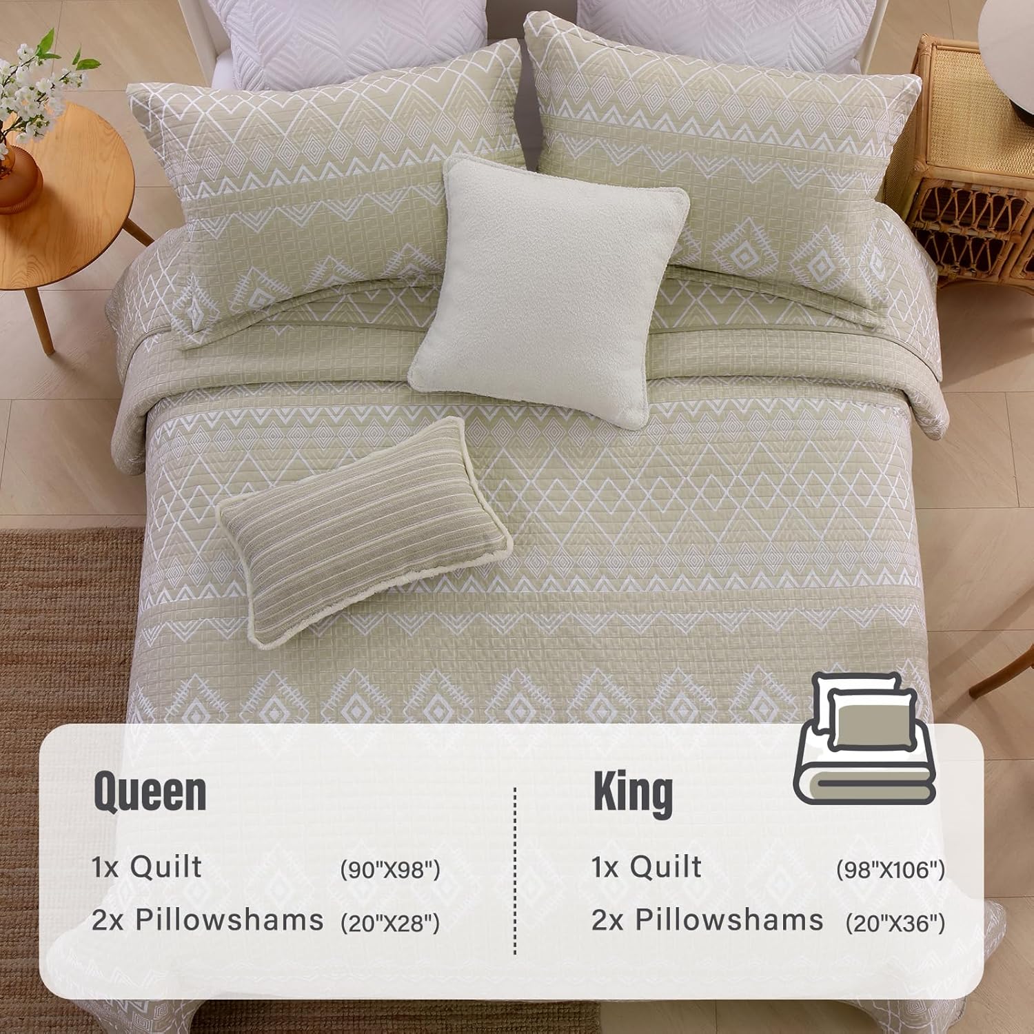 Juego de edredón bohemio tamaño King, 100% algodón, color beige, tamaño King, con 2 fundas de almohada, juego de cama ligero acolchado geométrico