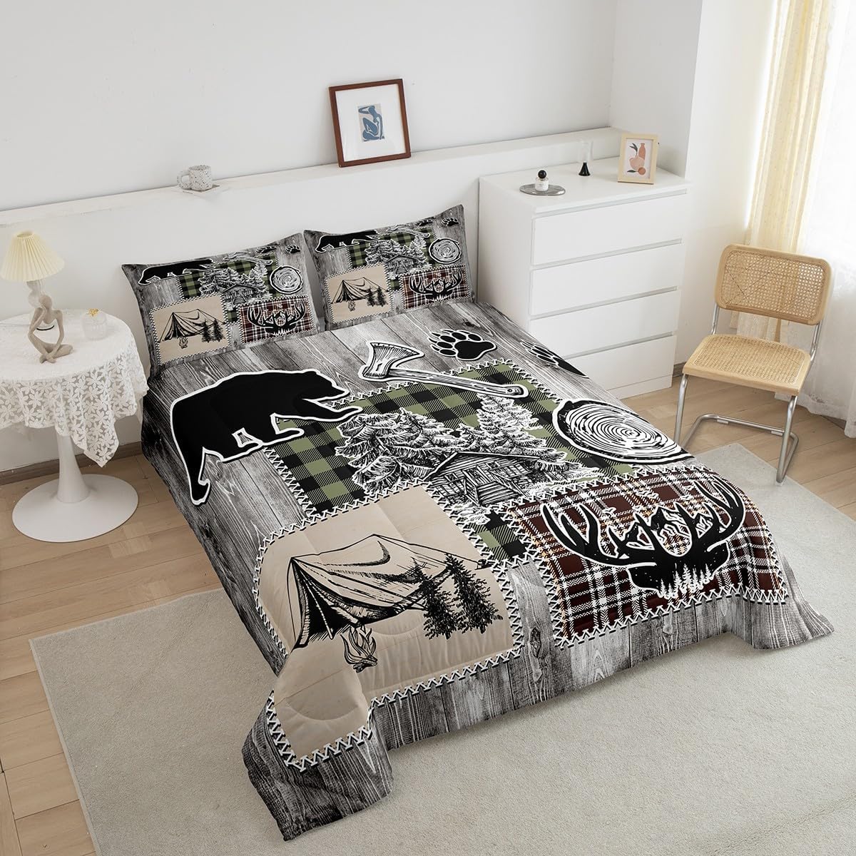 Castle Fairy Juego de edredón de ciervos y cuernos, tamaño individual, juego de ropa de cama con estampado de patas de oso y pinos para niños y