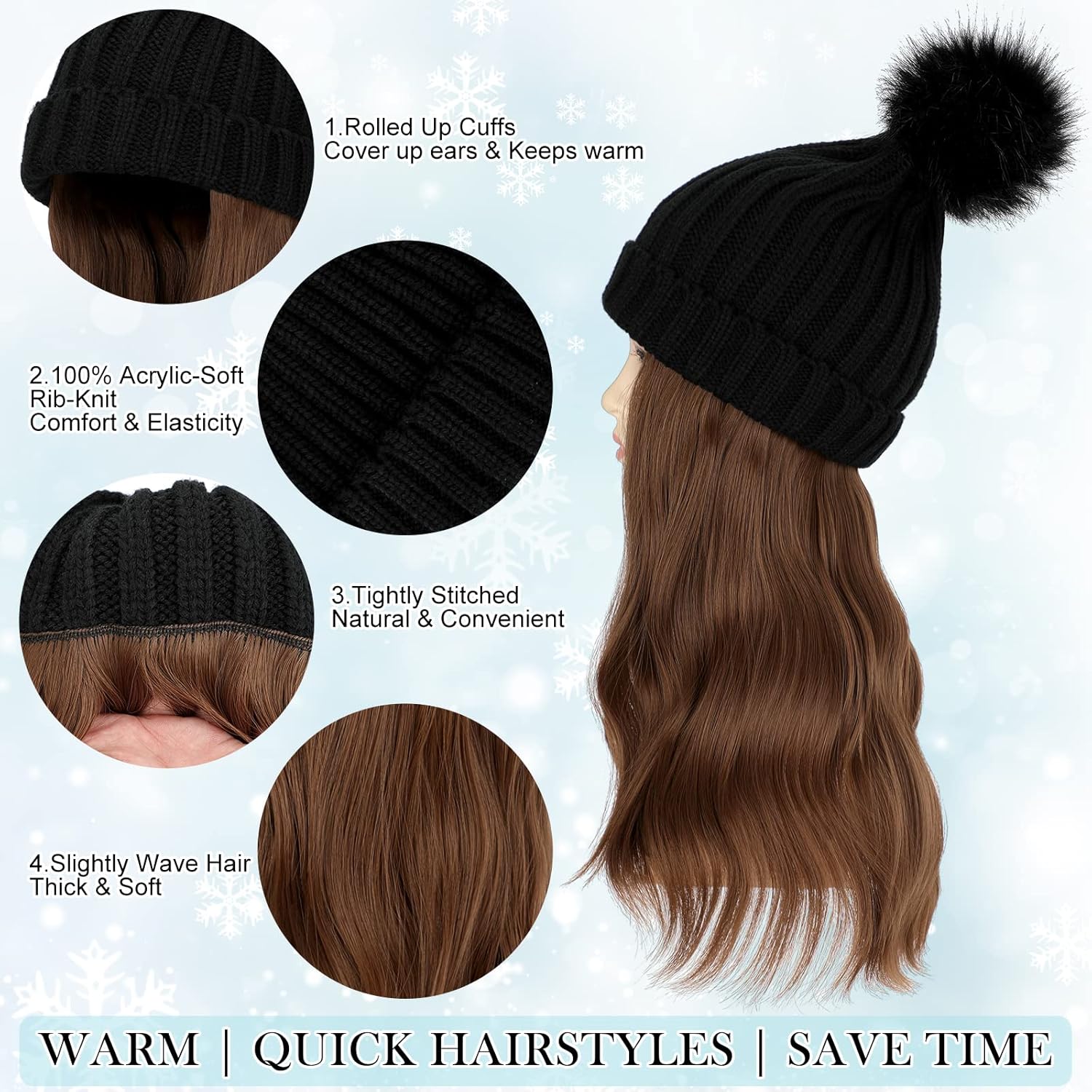 Gorro con peluca, gorro con cabello, extensiones de cabello largo y ondulado, gorro de punto acanalado, con pompón adjunto, 14 pulgadas, rizado,