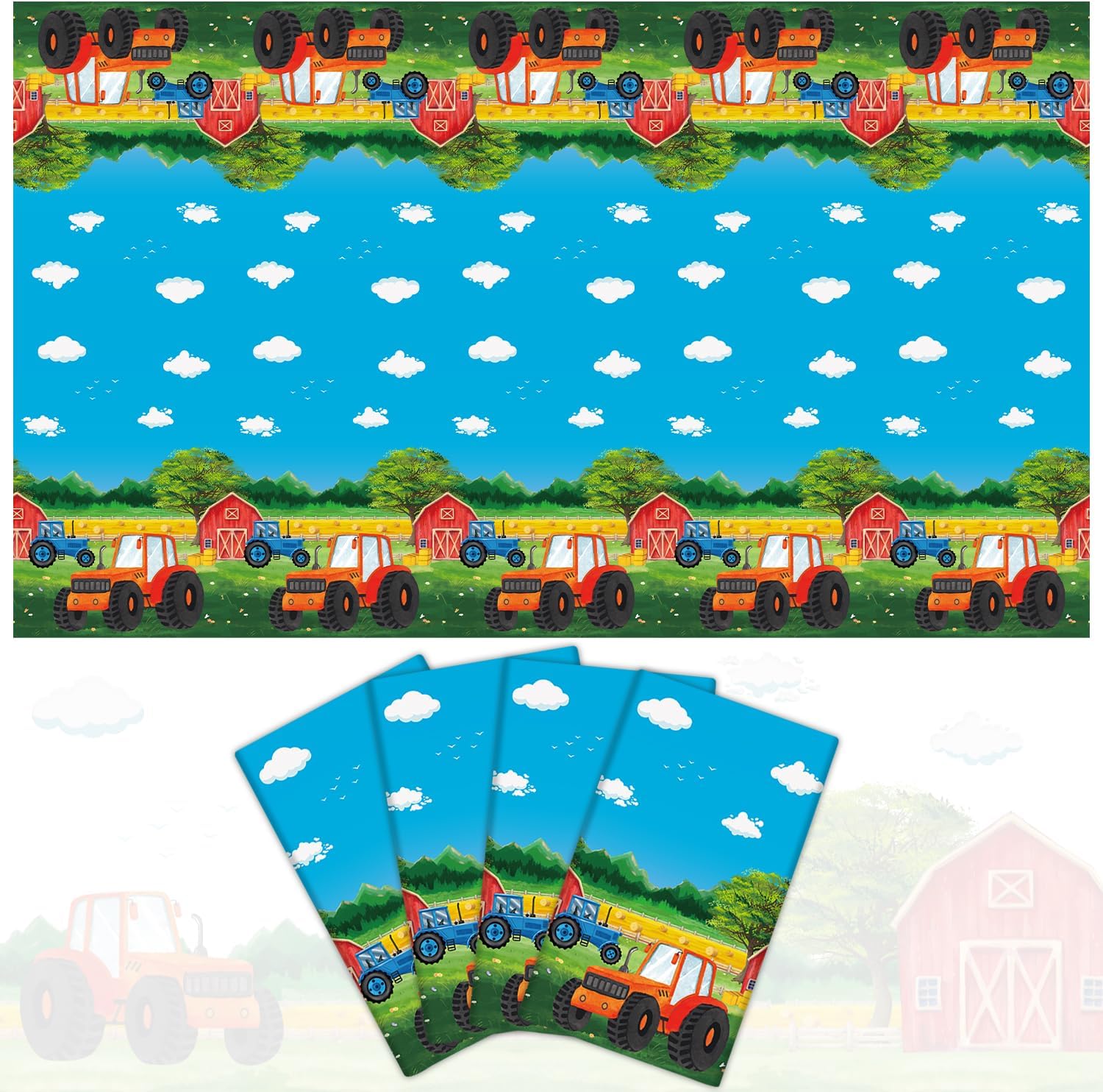 Paquete de 4 manteles de tractor, fundas de mesa para fiesta de tractor, mantel de granja, fiesta de granero, cubierta rectangular de plástico,