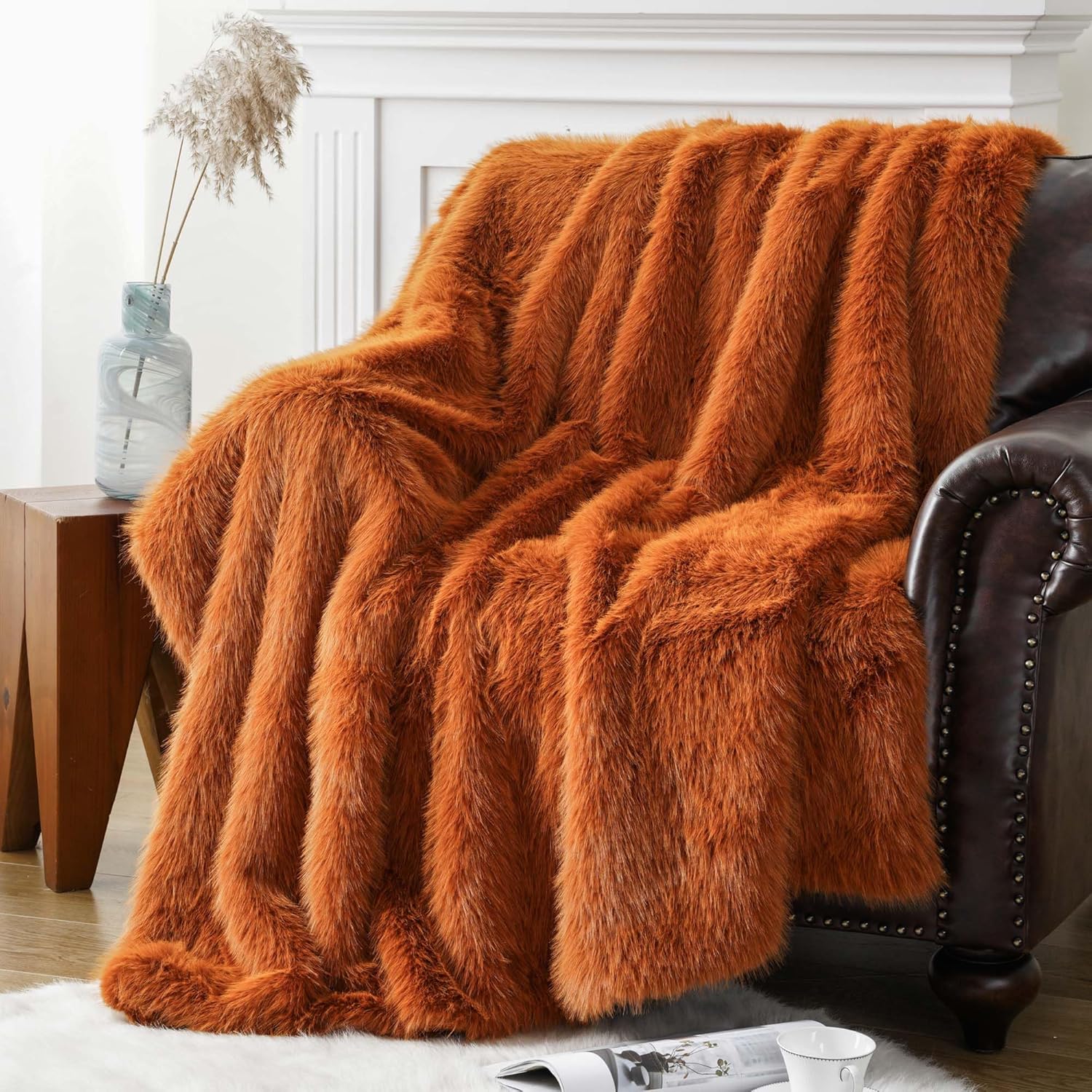 BATTILO HOME Manta de lujo de piel sintética de otoño, manta de piel naranja óxido para sofá, silla, cama, felpa suave, cálida y acogedora manta de