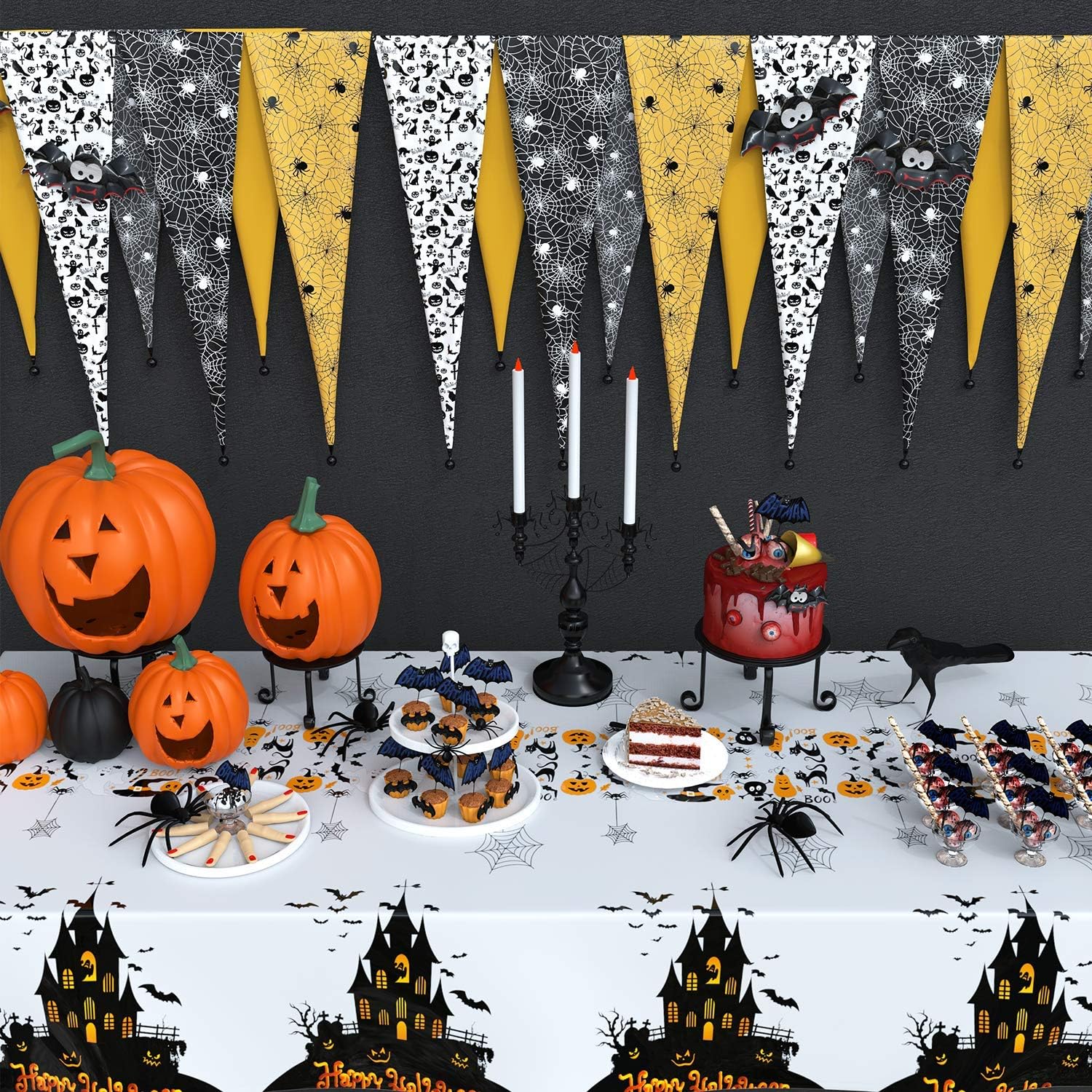 Fibevon Decoraciones de Halloween, 3 paquetes de manteles rectangulares de Halloween, mantel desechable de plástico de alta calidad para