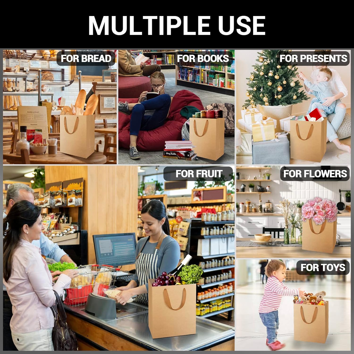 EUSOAR – Bolsas de papel con asas, 25 bolsas de compras de papel kraft marrón de 9.8 x 5.1 x 12.5 pulgadas, bolsas de papel Kraft, bolsas de fiesta,
