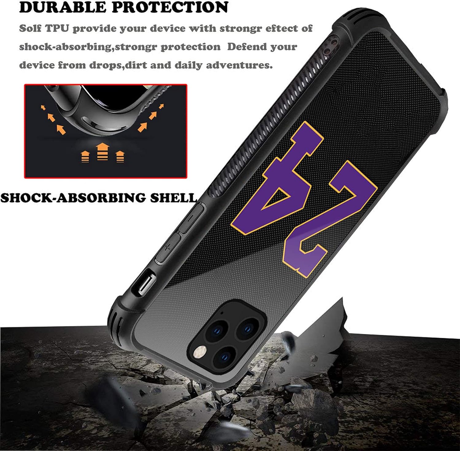 Funda compatible con iPhone 13 Pro Max, color negro, 24 jersey, morado, amarillo, diseño de patrón increíble, a prueba de golpes, antiarañazos,