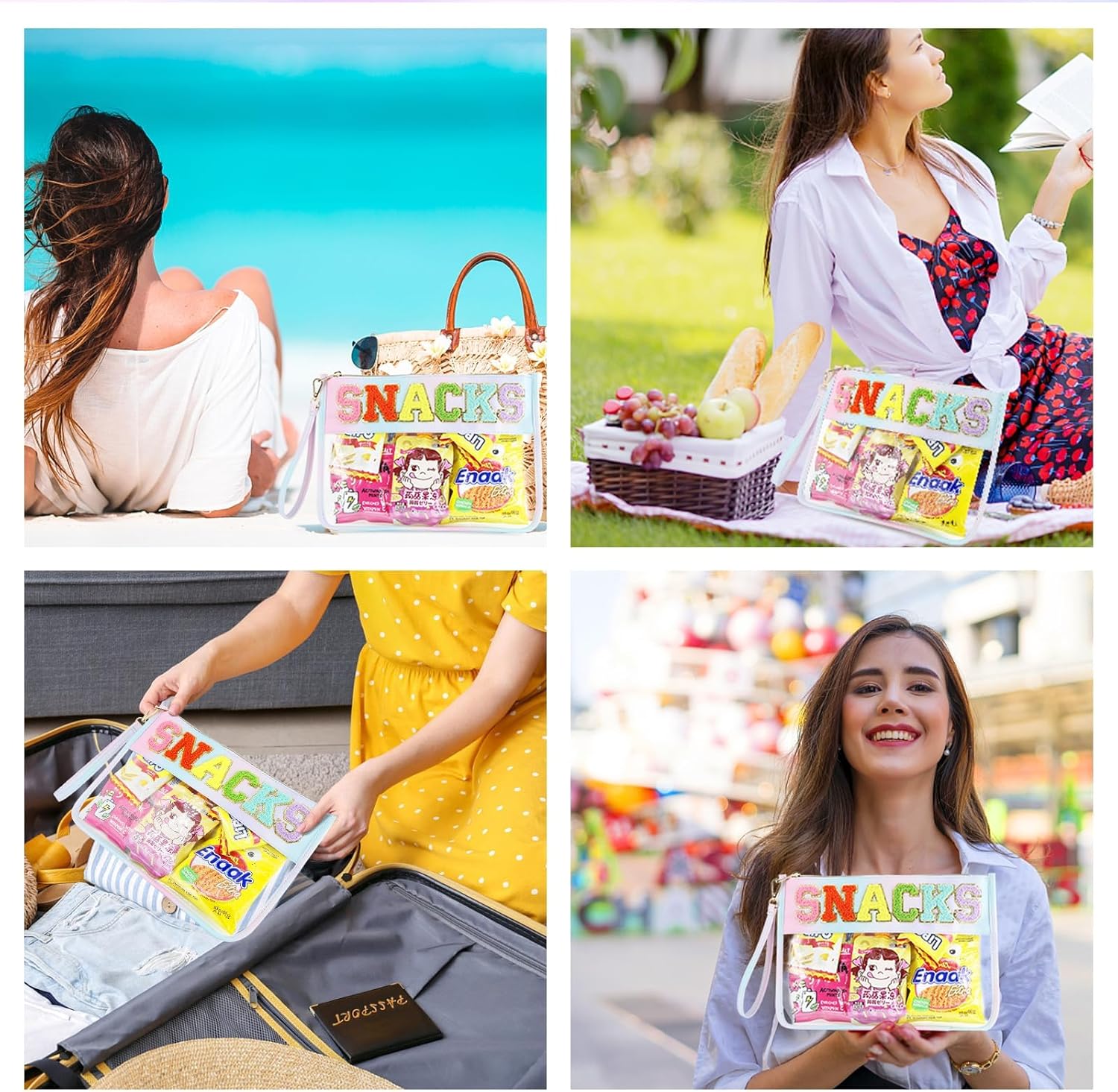 Bolsa transparente de chenilla para aperitivos, bolsa de viaje preppy para aperitivos, impermeable, plana, transparente, con cremallera, para