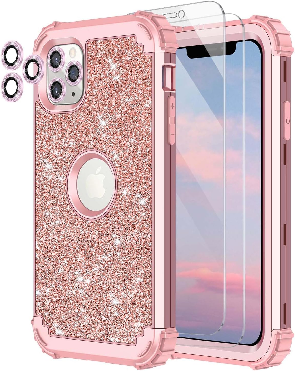 LONTECT Funda para iPhone 11 Pro Max con purpurina brillante 3 en 1, a prueba de golpes, resistente, cuerpo completo, resistente funda protectora