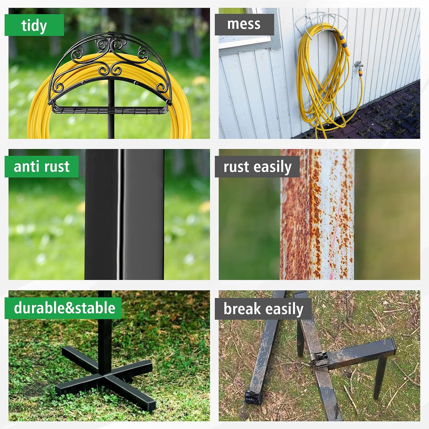 HOOPLE Soporte para manguera de jardín, carrete de manguera desmontable, colgador de manguera de agua de metal resistente, soporte de manguera de
