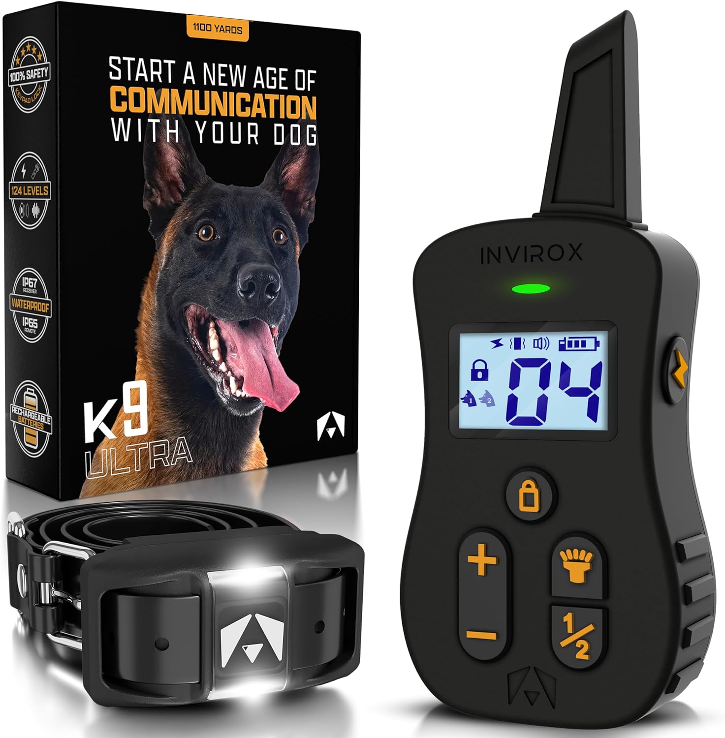 INVIROX Collar de choque para perros Ultra K9 124 niveles de entrenamiento, 4 modos potentes con luz nocturna y rango de  de milla, collar de
