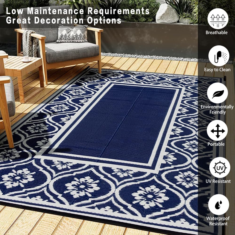 Alfombra de patio al aire libre, 5 x 8 pies, impermeable, alfombra de paja de plástico reversible azul para caravana, cubierta, camping, entrada,