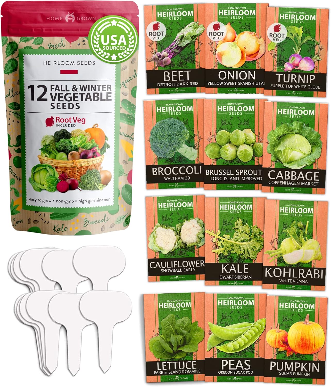 HOME GROWN 12 semillas de vegetales de otoño – Semillas de vegetales de otoño e invierno sin OMG para plantar huerto en casa remolacha, brócoli,