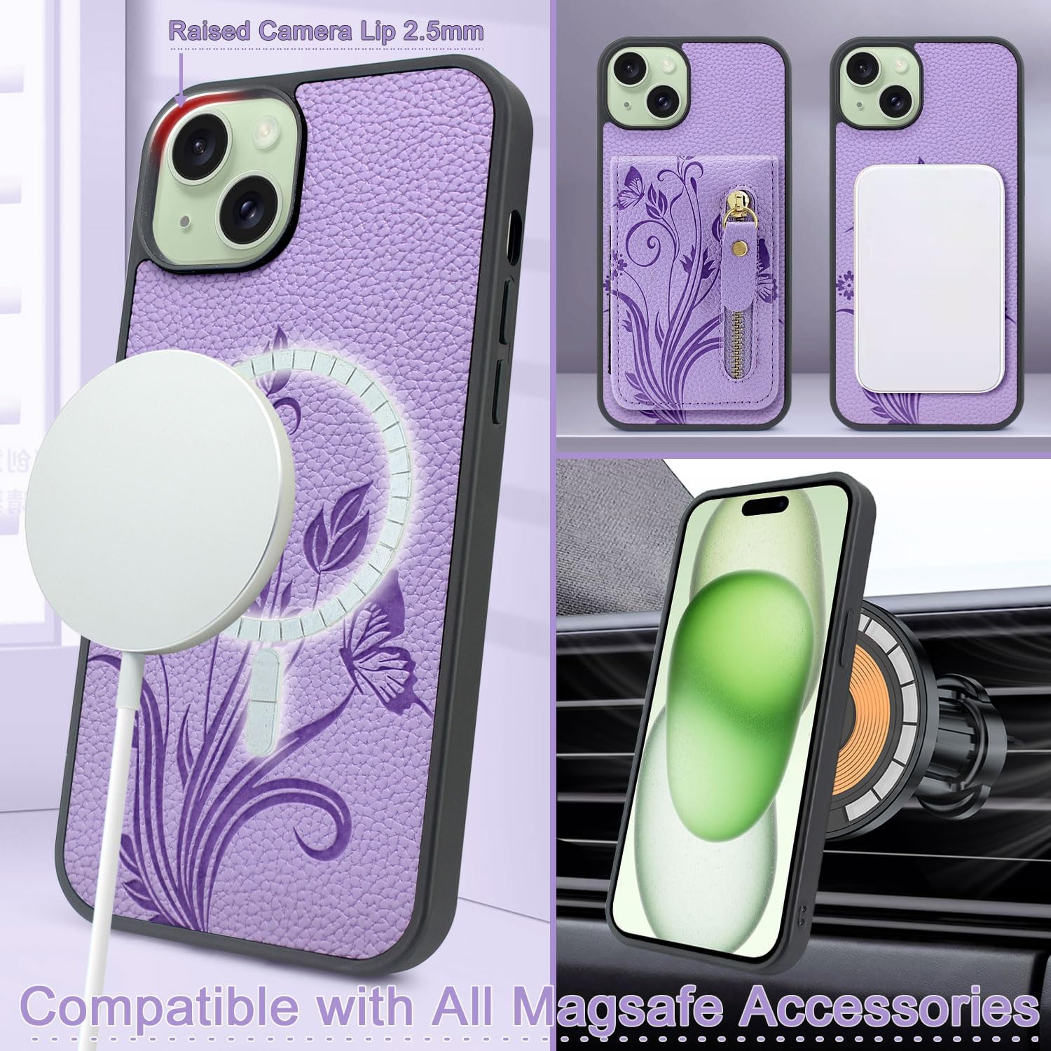 Lacass Funda compatible con MagSafe para iPhone 15 PlusiPhone 14 Plus de 6.7 pulgadas, tarjetero magnético desmontable con cremallera (morado claro