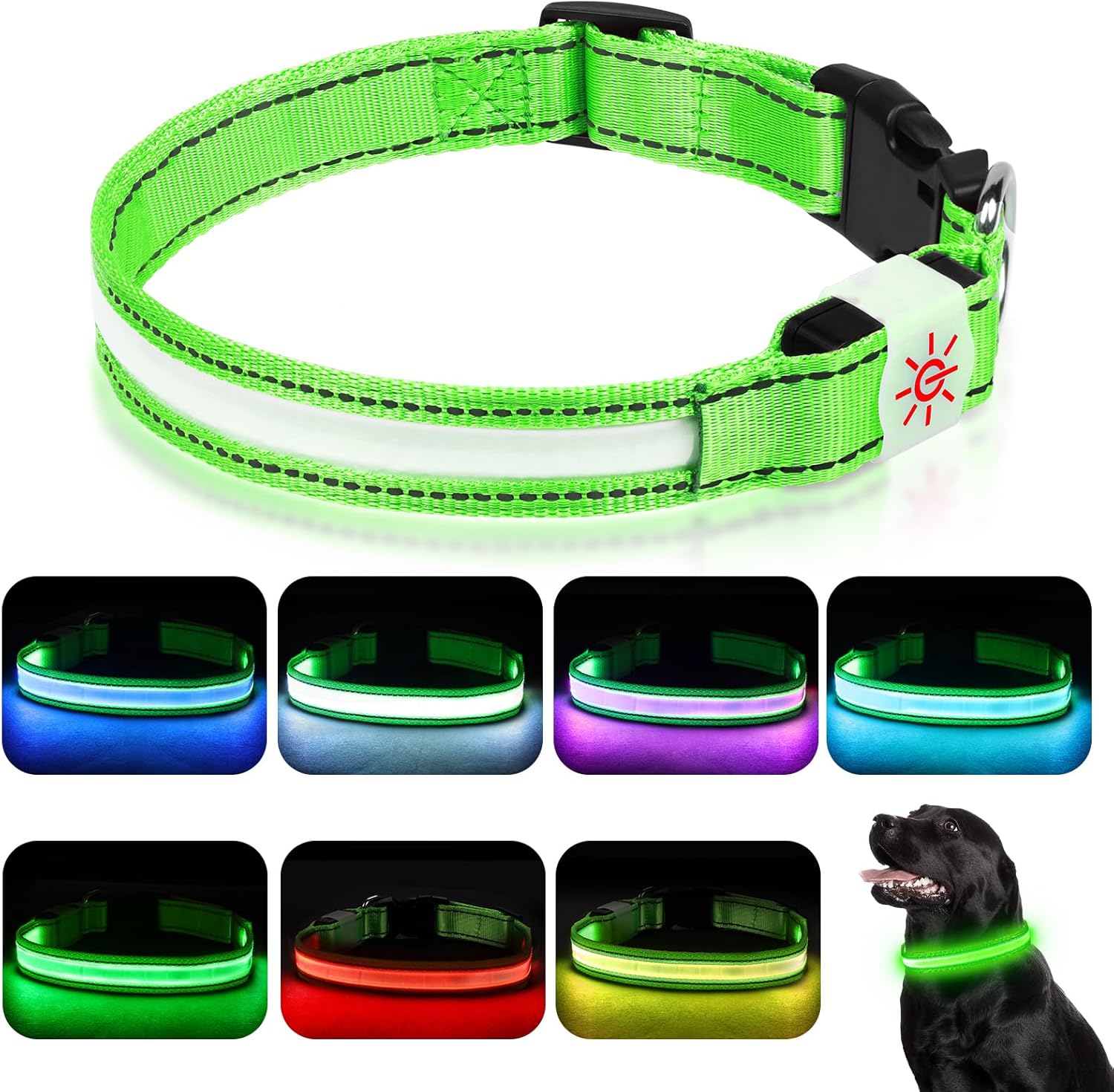 Petbank Collar de perro con luz LED, 7 colores RGB y 5 modos de luz, ajustable recargable por USB, collares de perro que brillan en la oscuridad,
