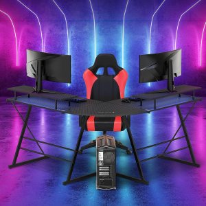 Escritorio para juegos en forma de L con tiras LED y 4 enchufes de alimentación integrados y 2 puertos de salida USB, escritorio reversible para Escritorio para juegos en forma de L con tiras LED y 4 enchufes de alimentación integrados y 2 puertos de salida USB, escritorio reversible para