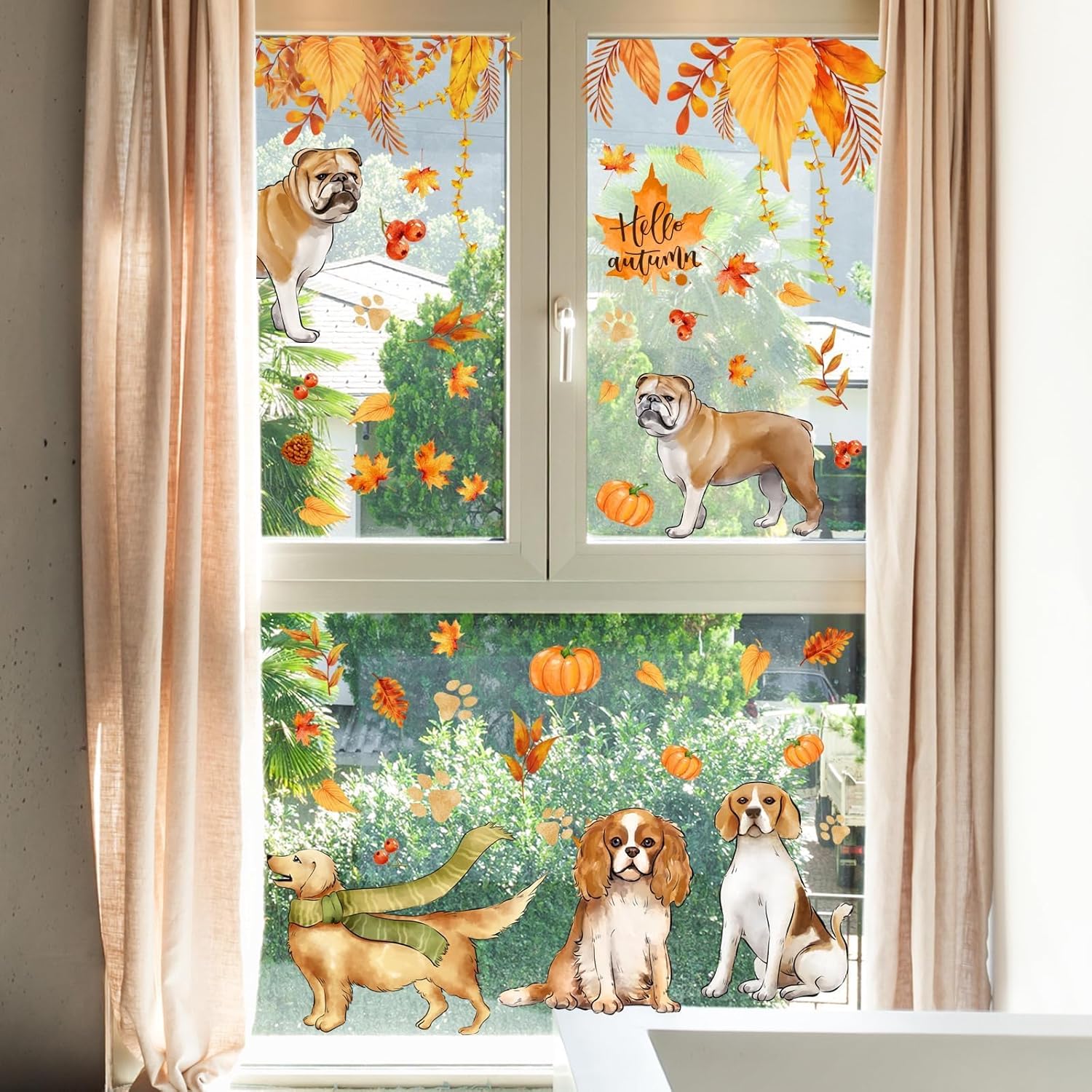 Calcomanías para ventana de otoño, Acción de Gracias, hojas de arce de otoño, hojas de arce, calcomanías de ventana de perros de cosecha de doble
