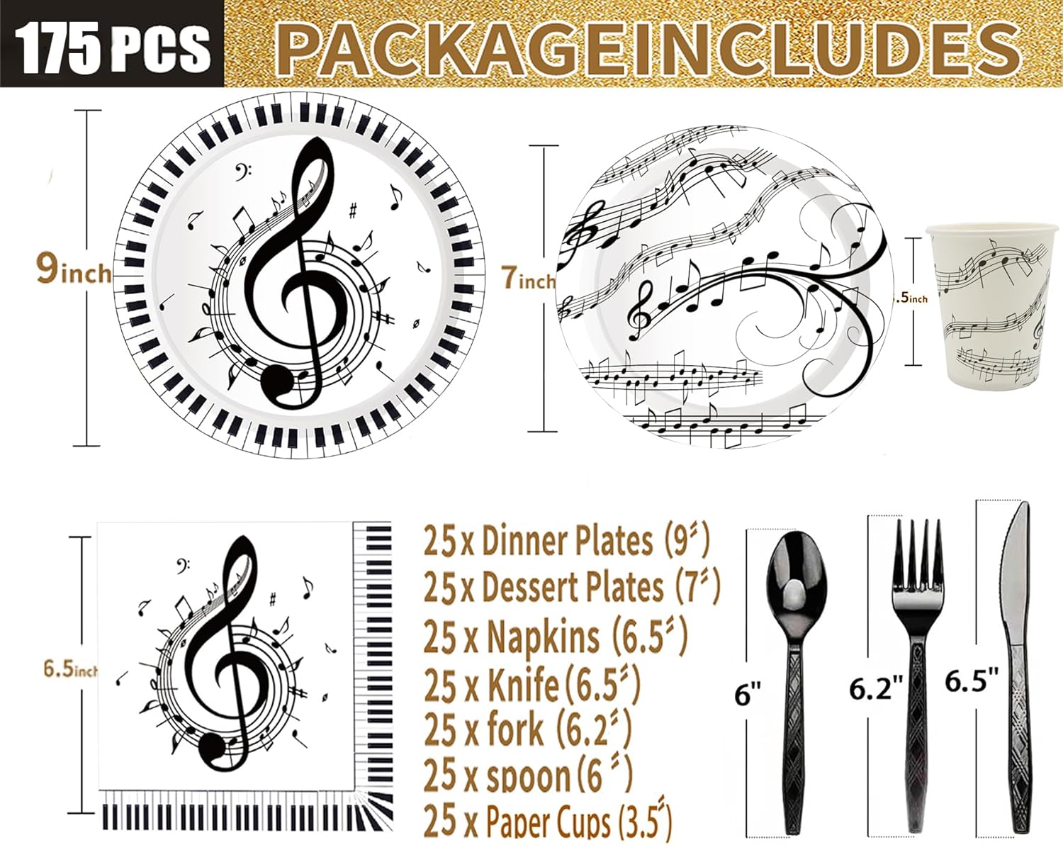 175Pcs Music Party Supplies Musical Notes Party Tableware Set 9″& 7″Musical Notes Paper Plates Napkins Cups Knives Forks Spoons for Music Notes