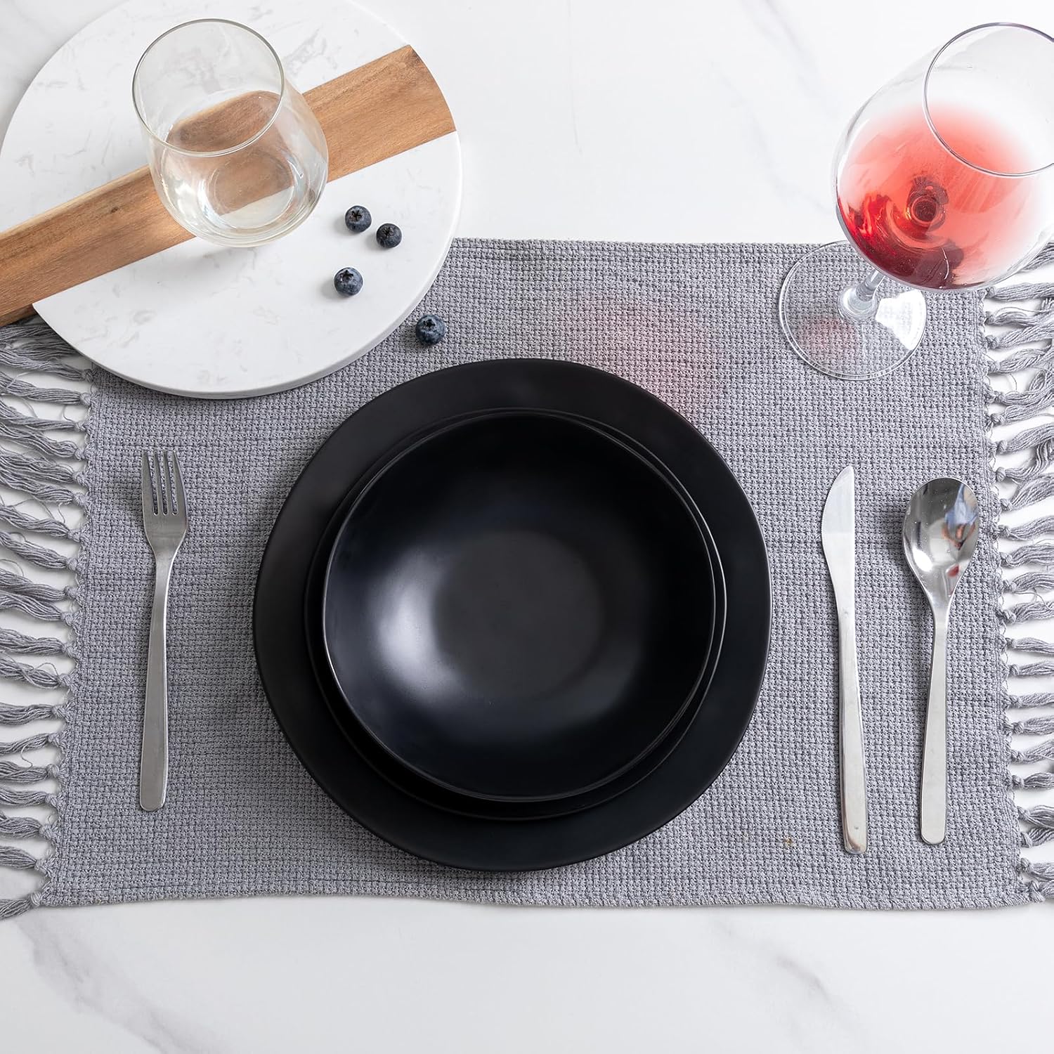 Juego de platos y cuencos de melamina negra, juegos de vajilla de melamina de 12 piezas para uso en interiores y exteriores, juego de platos ligeros